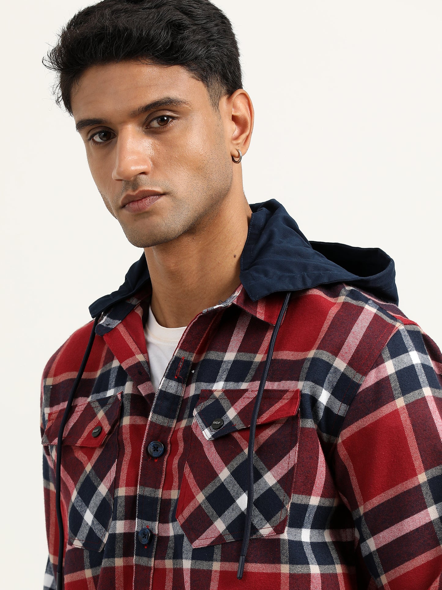 Brushed Twill Navy Hooded Men's Checked Shacket