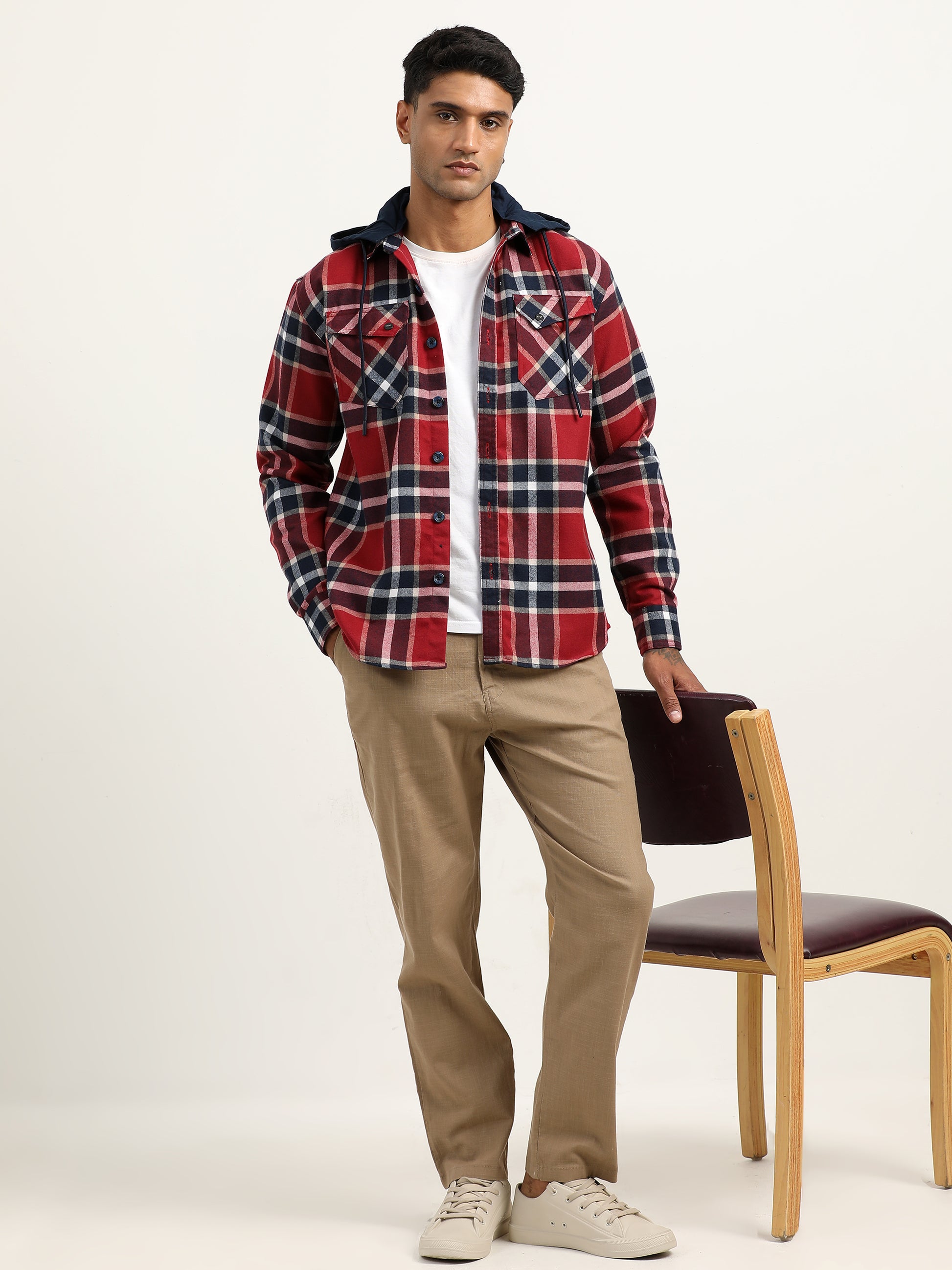 Brushed Twill Navy Hooded Men's Checked Shacket