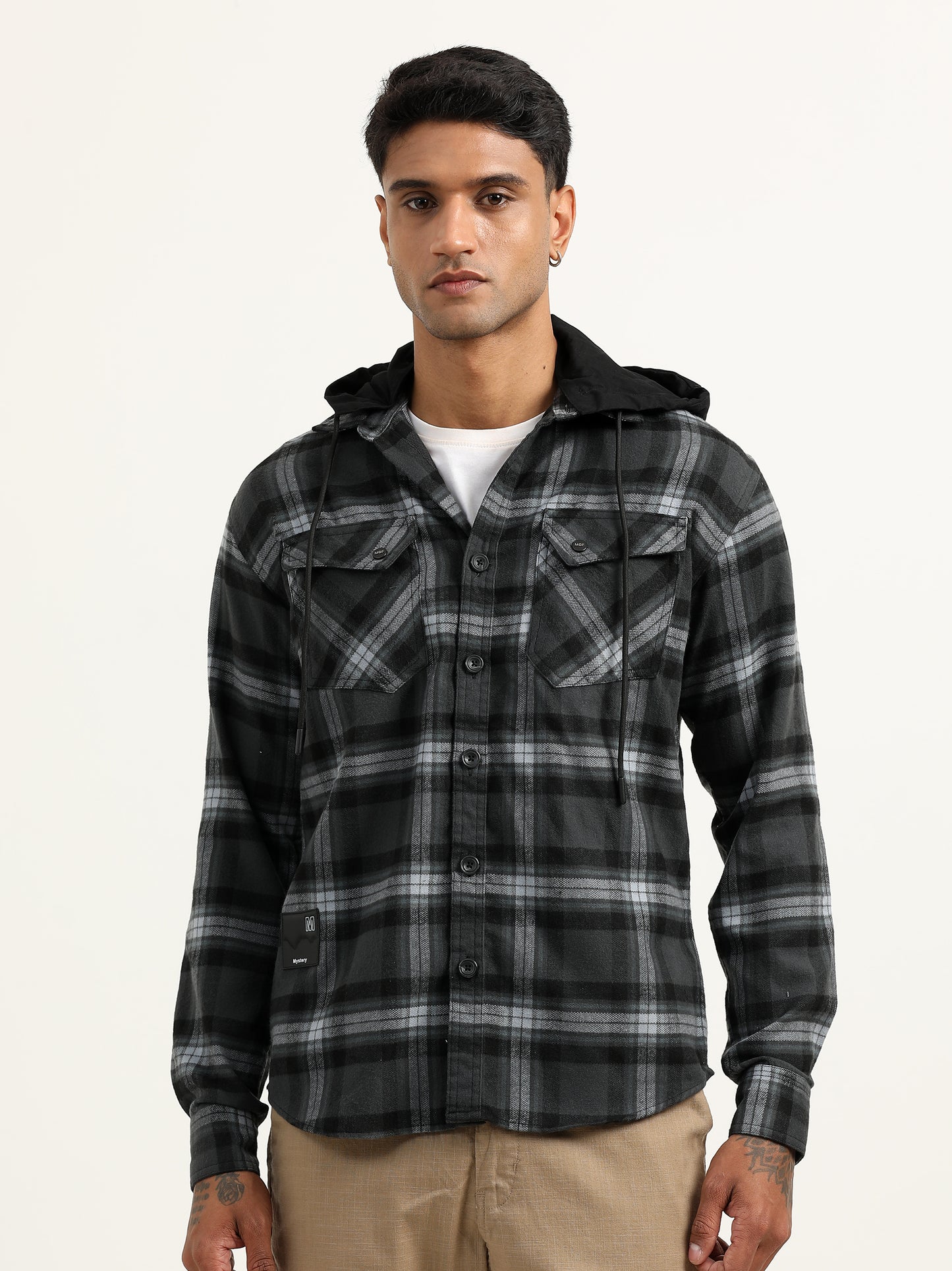  Brushed Twill Hooded Grey Shacket Mens