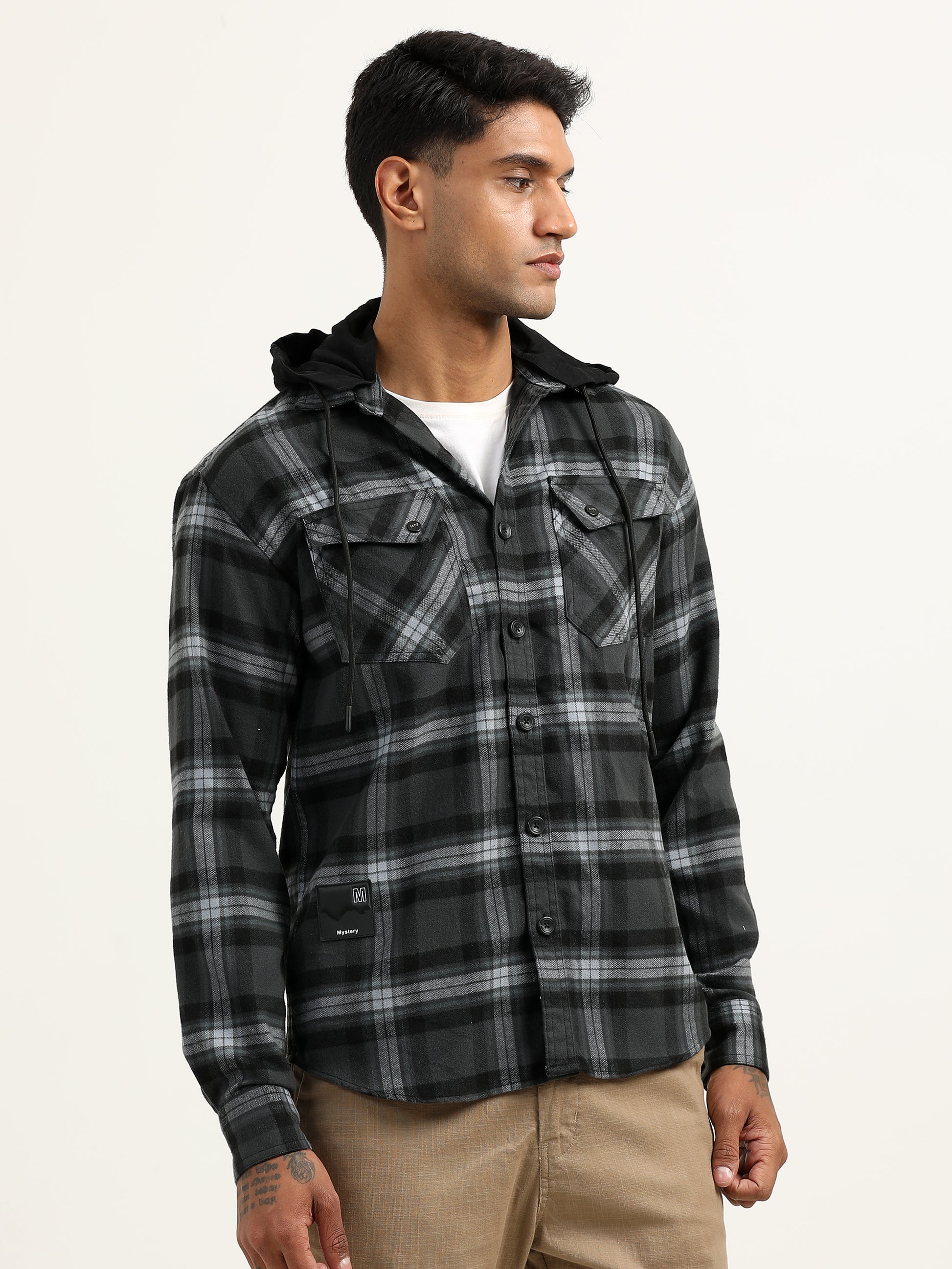  Brushed Twill Hooded Grey Shacket Mens