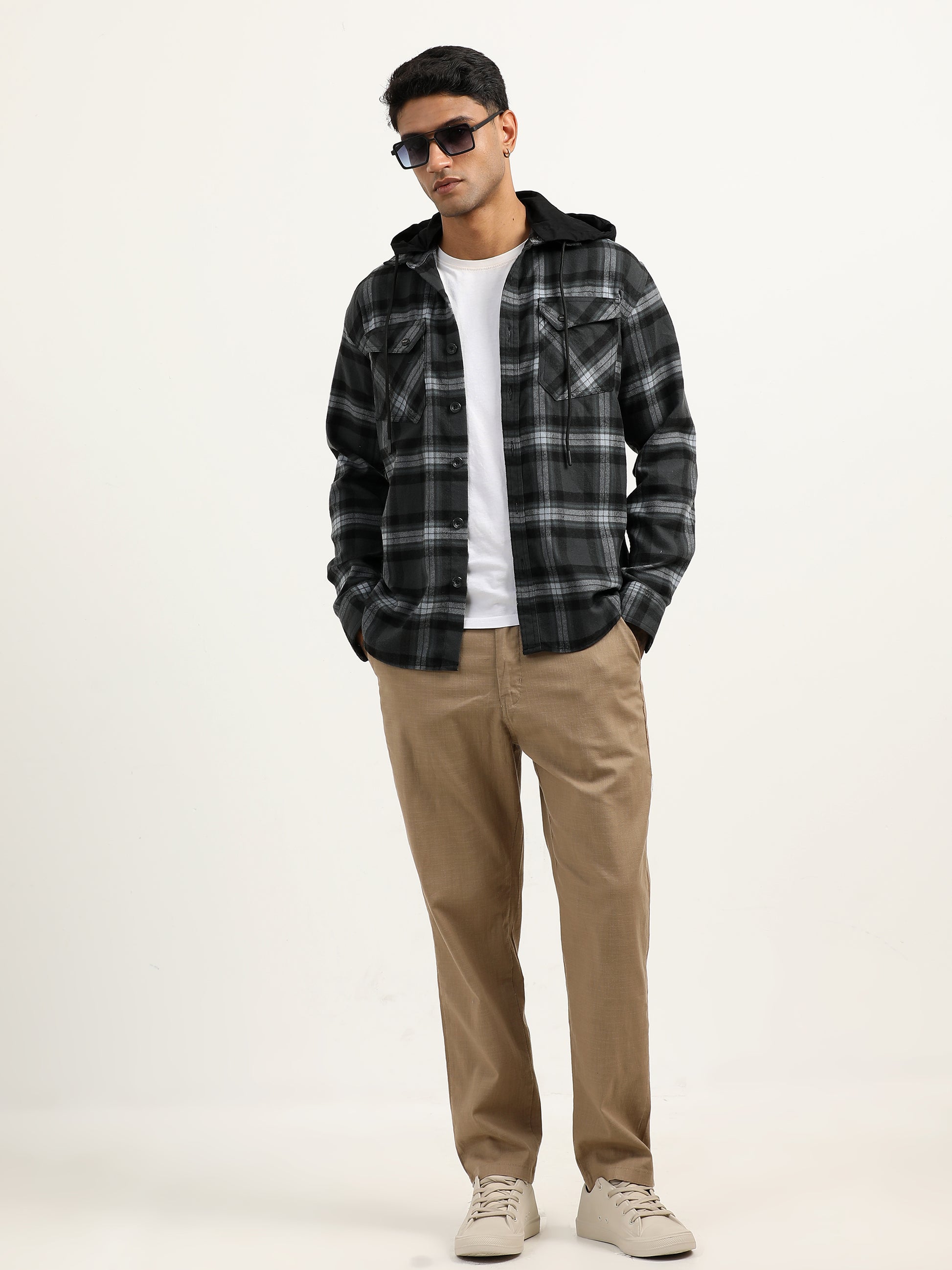  Brushed Twill Hooded Grey Shacket Mens