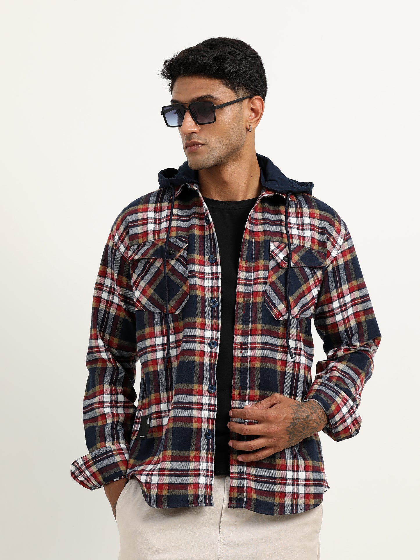 Brushed Twill Hooded Checked Red Corduroy Jacket