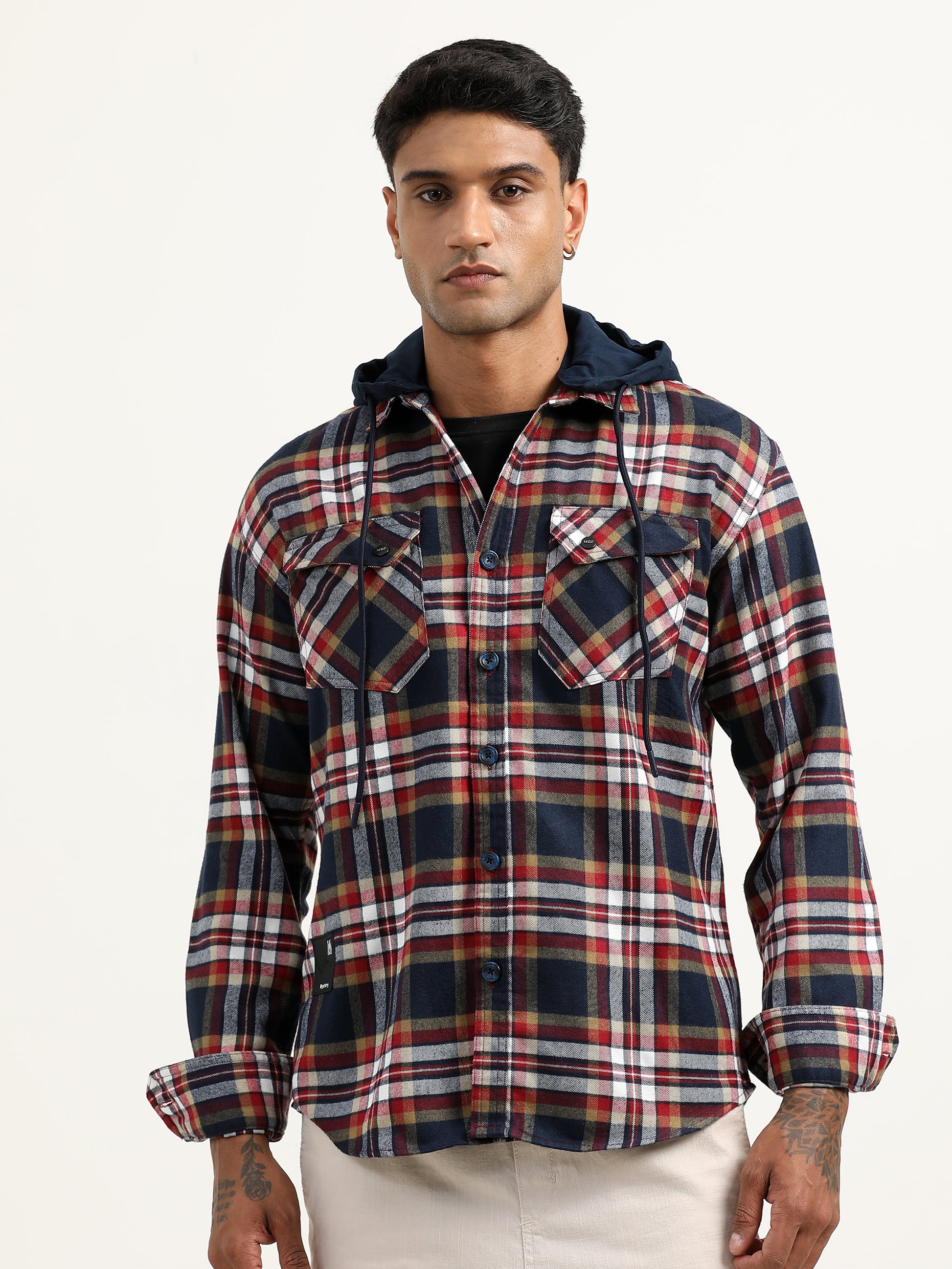 Brushed Twill Hooded Checked Red Corduroy Jacket