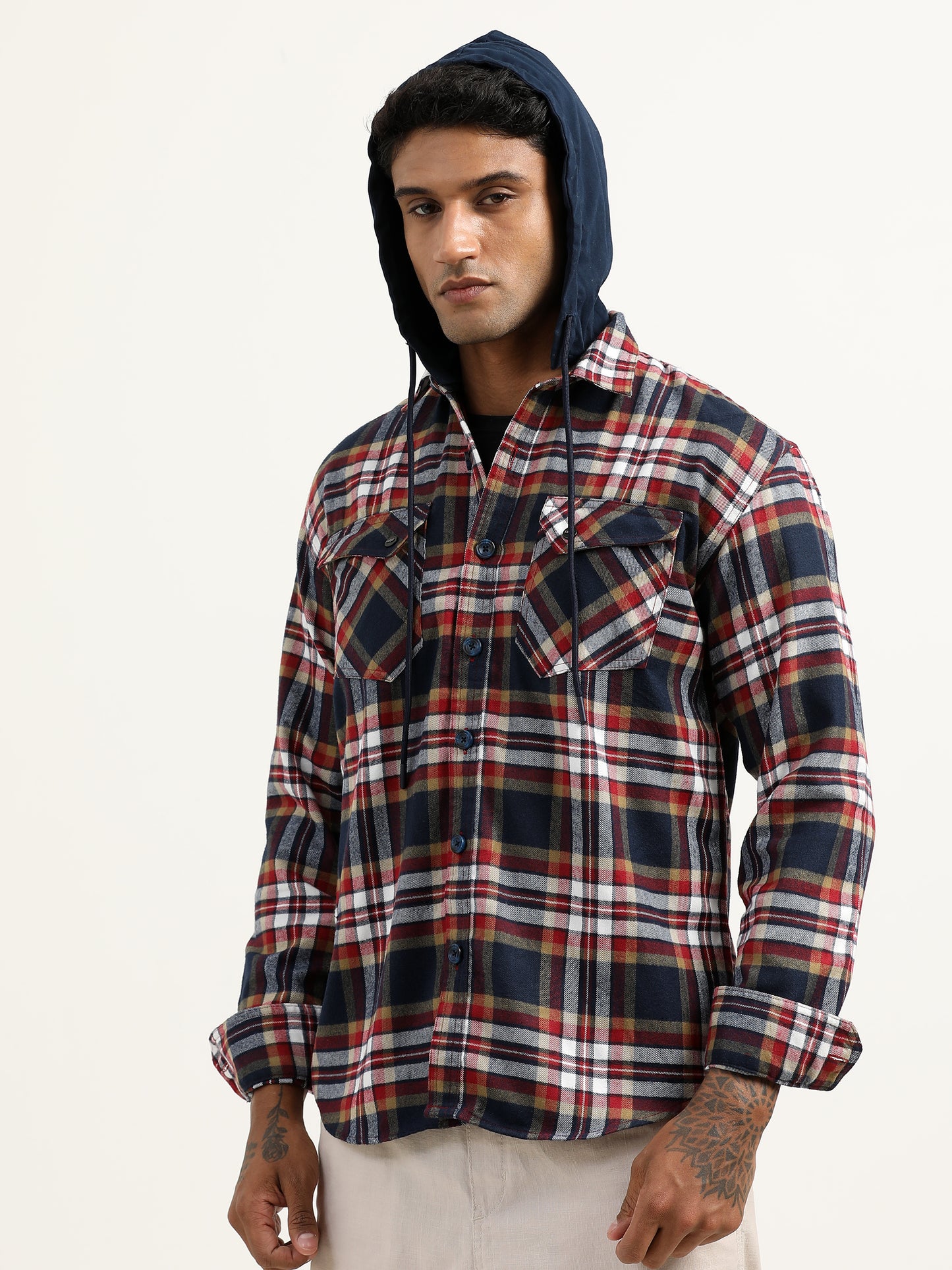 Brushed Twill Hooded Checked Red Corduroy Jacket