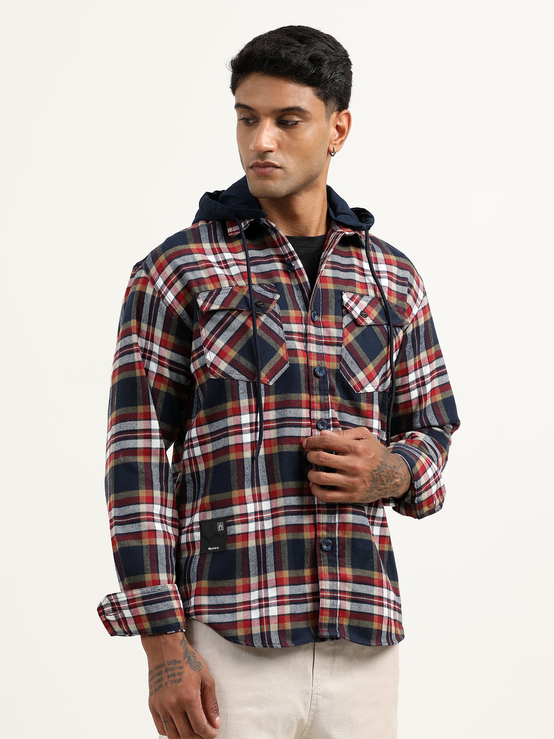 Brushed Twill Hooded Checked Red Corduroy Jacket