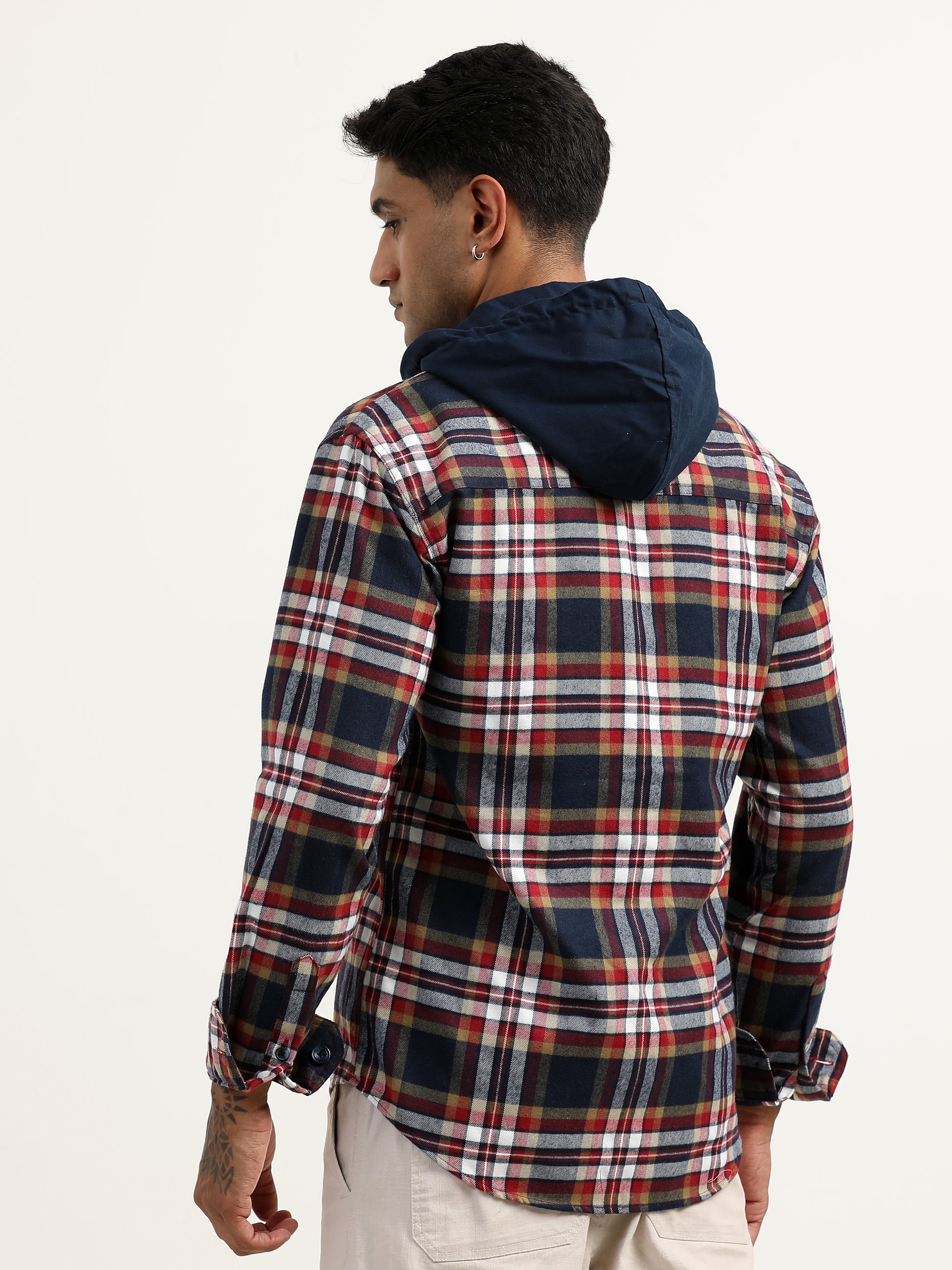 Brushed Twill Hooded Checked Red Corduroy Jacket