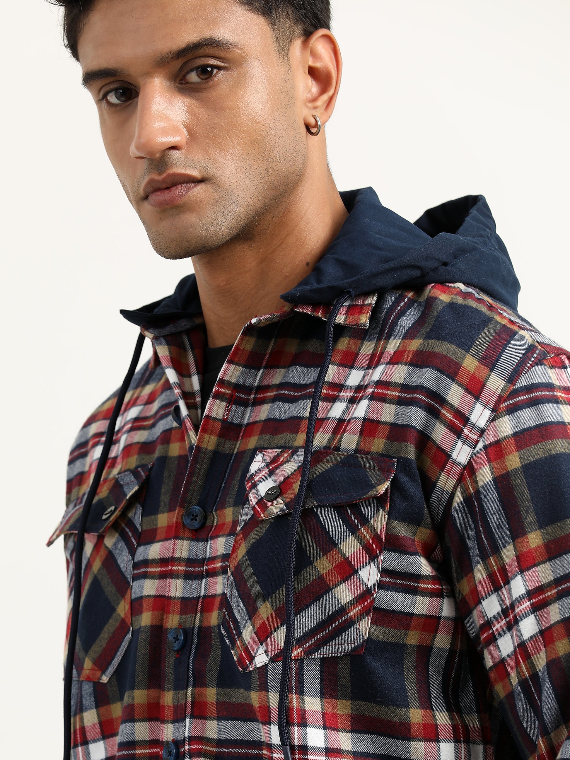 Brushed Twill Hooded Checked Red Corduroy Jacket