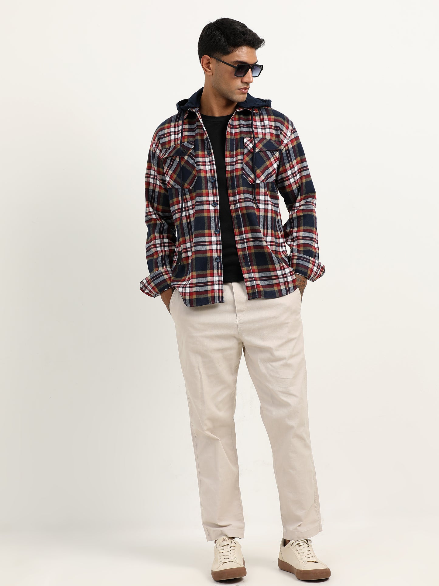 Brushed Twill Hooded Checked Red Corduroy Jacket