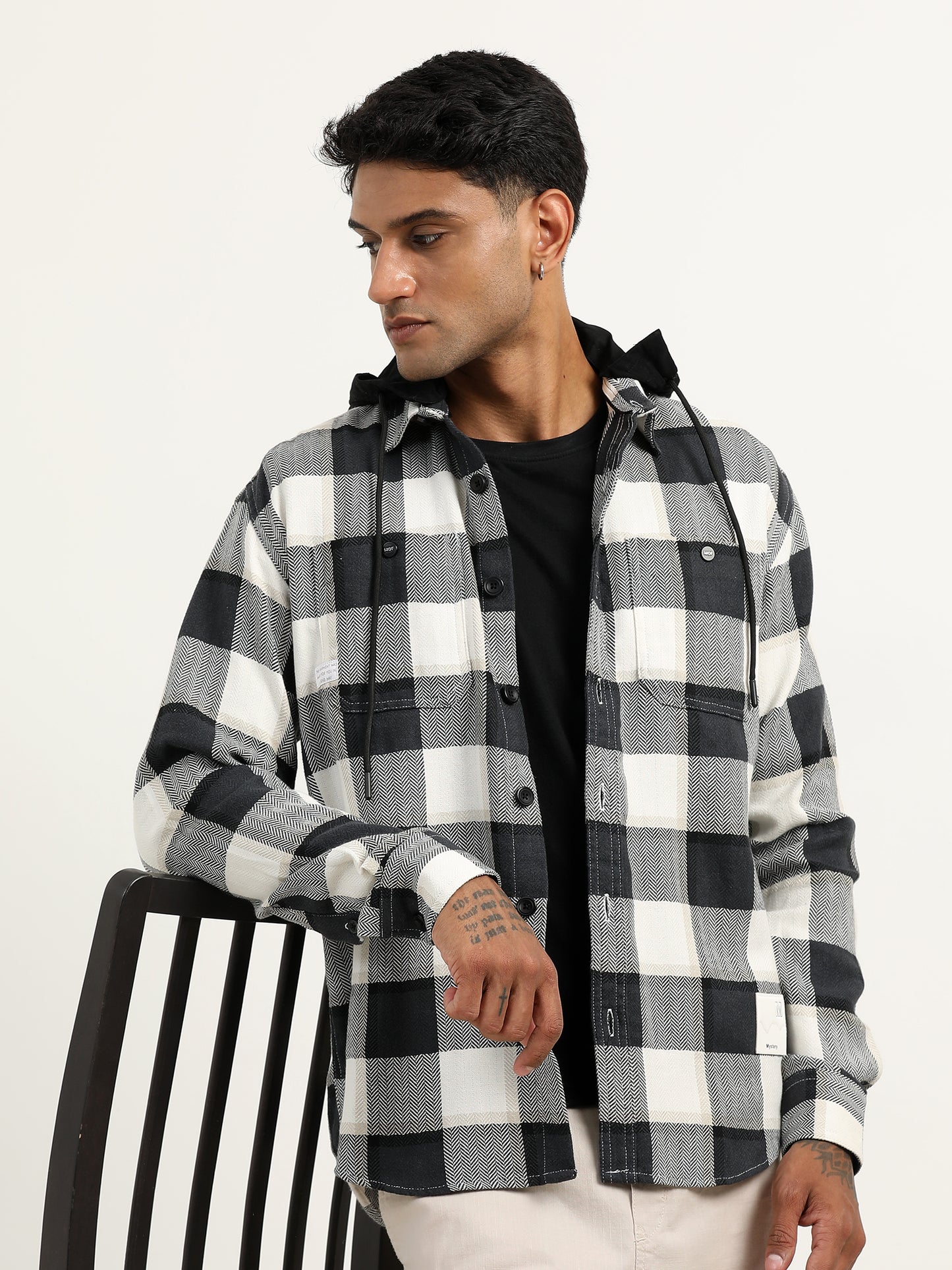 Brushed Twill Checked Black And White Shacket For Men