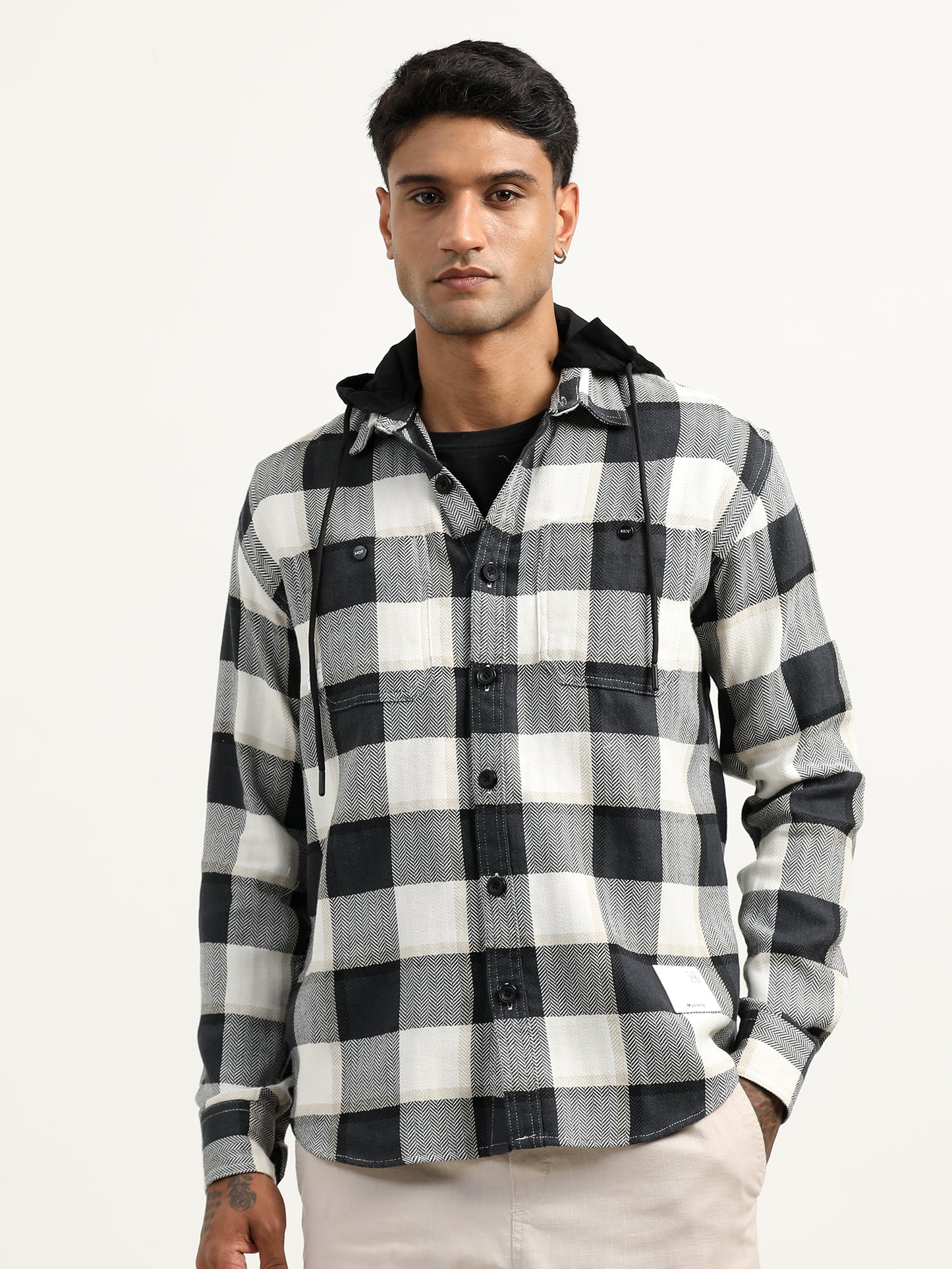 Brushed Twill Checked Black And White Shacket For Men