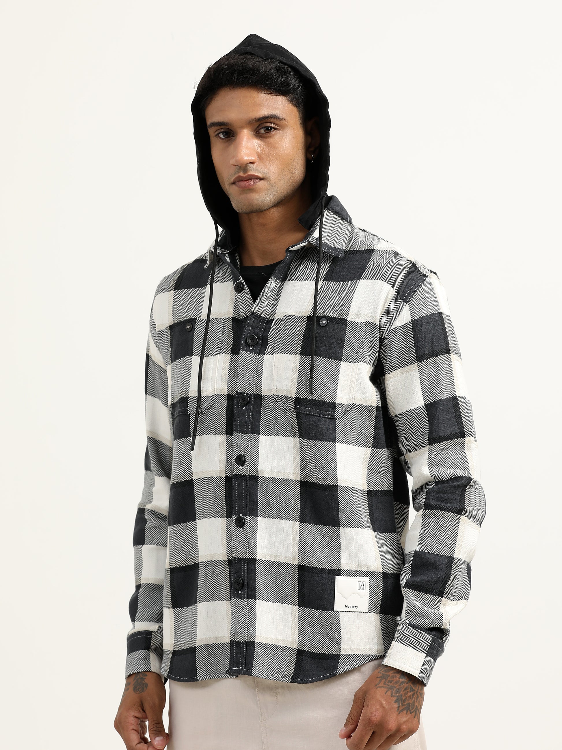 Brushed Twill Checked Black And White Shacket For Men