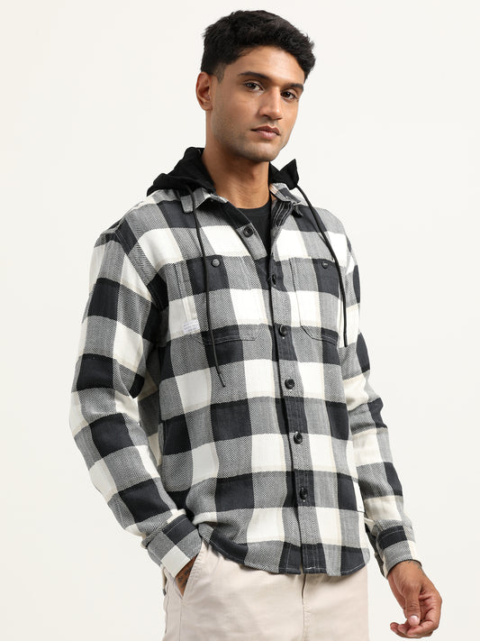 Brushed Twill Checked Black And White Shacket For Men