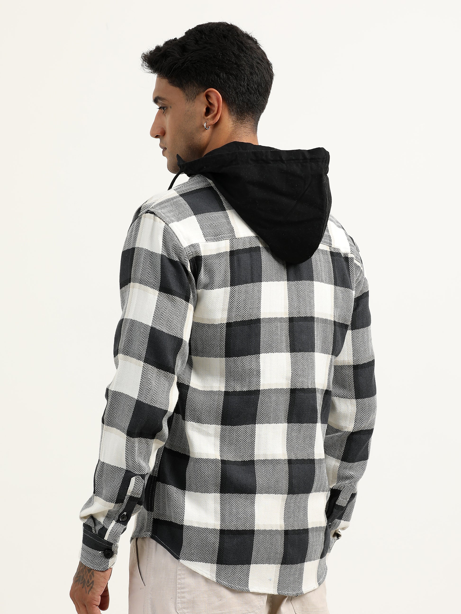 Brushed Twill Checked Black And White Shacket For Men