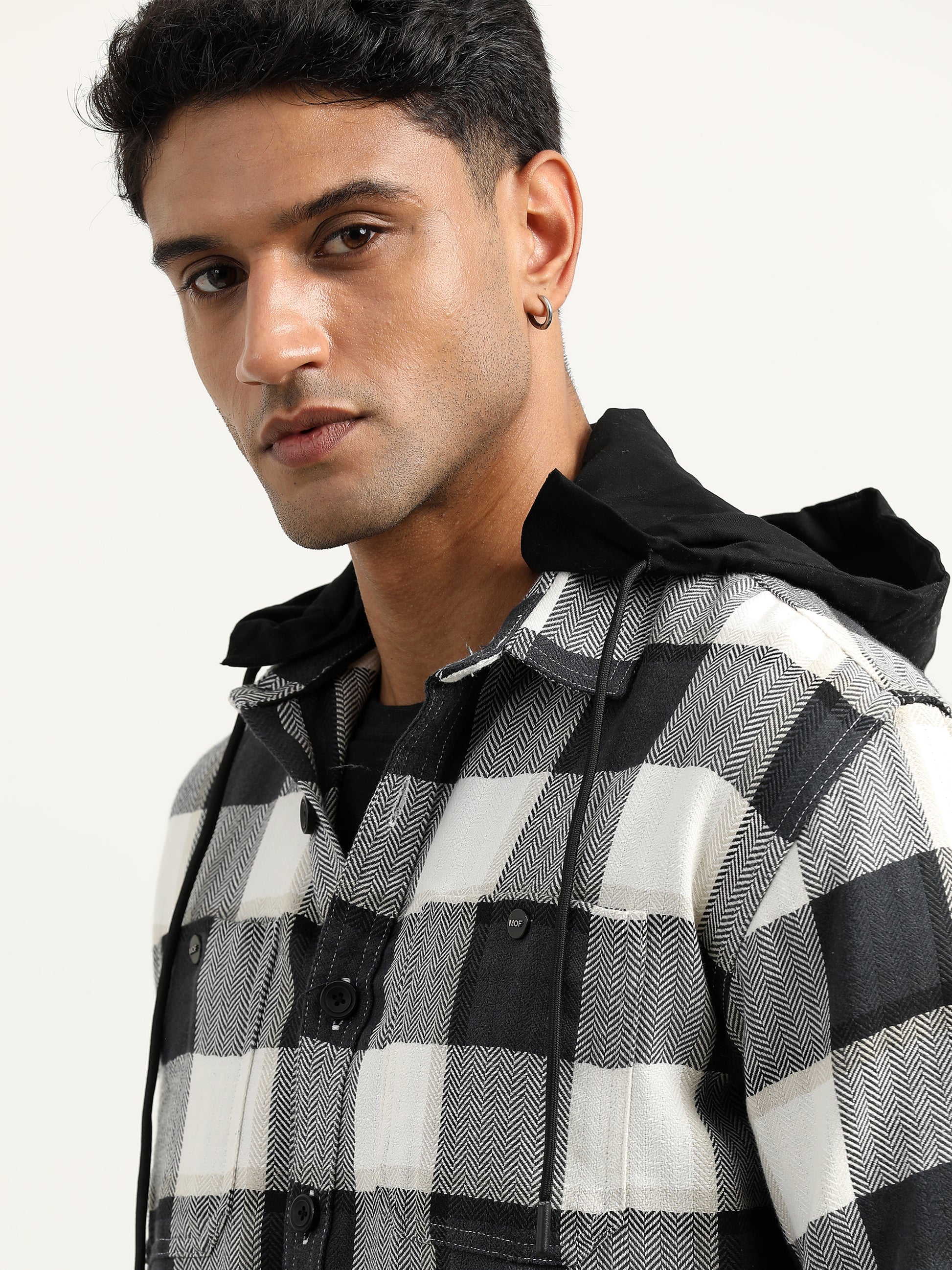 Brushed Twill Checked Black And White Shacket For Men