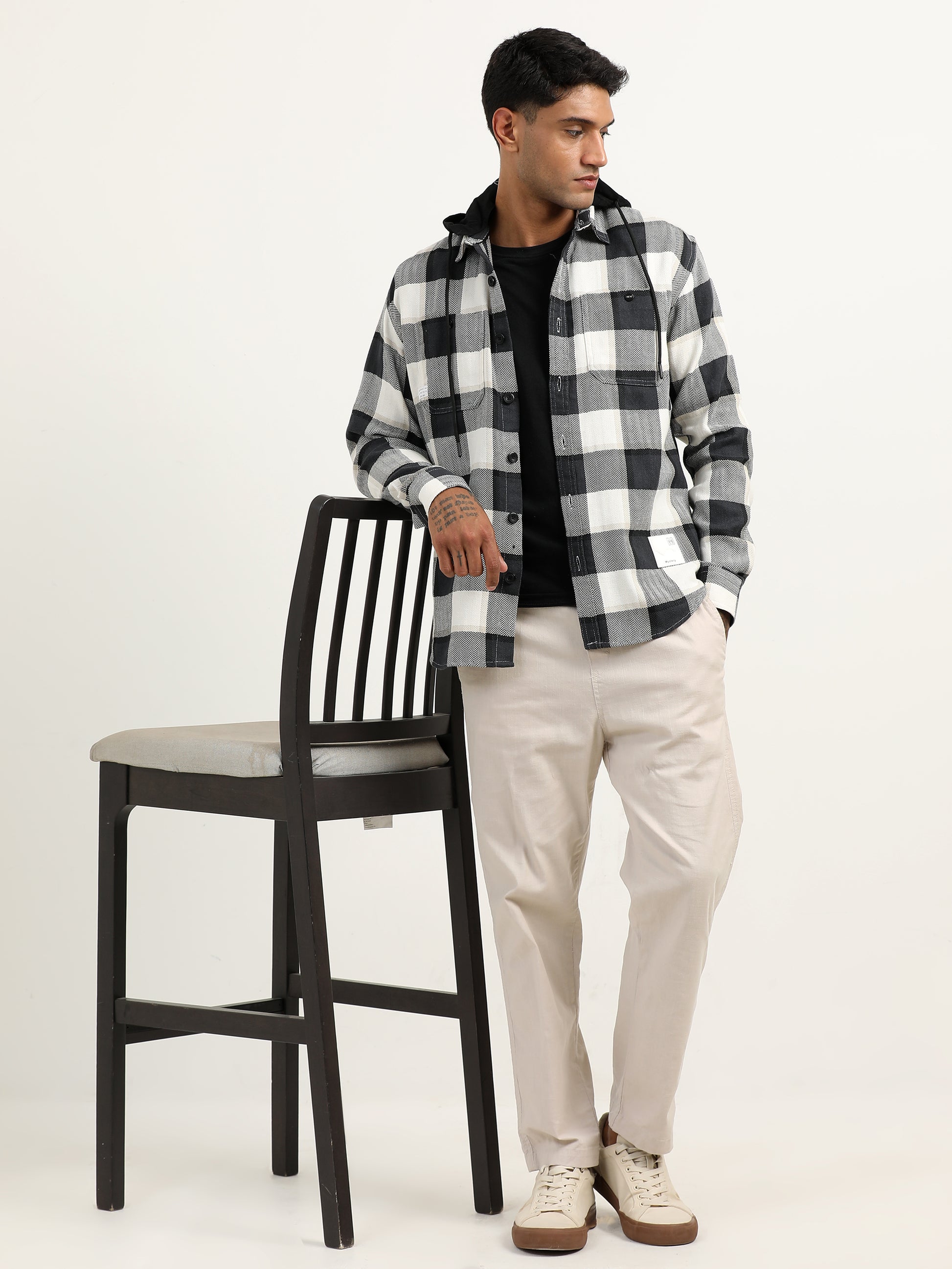 Brushed Twill Checked Black And White Shacket For Men