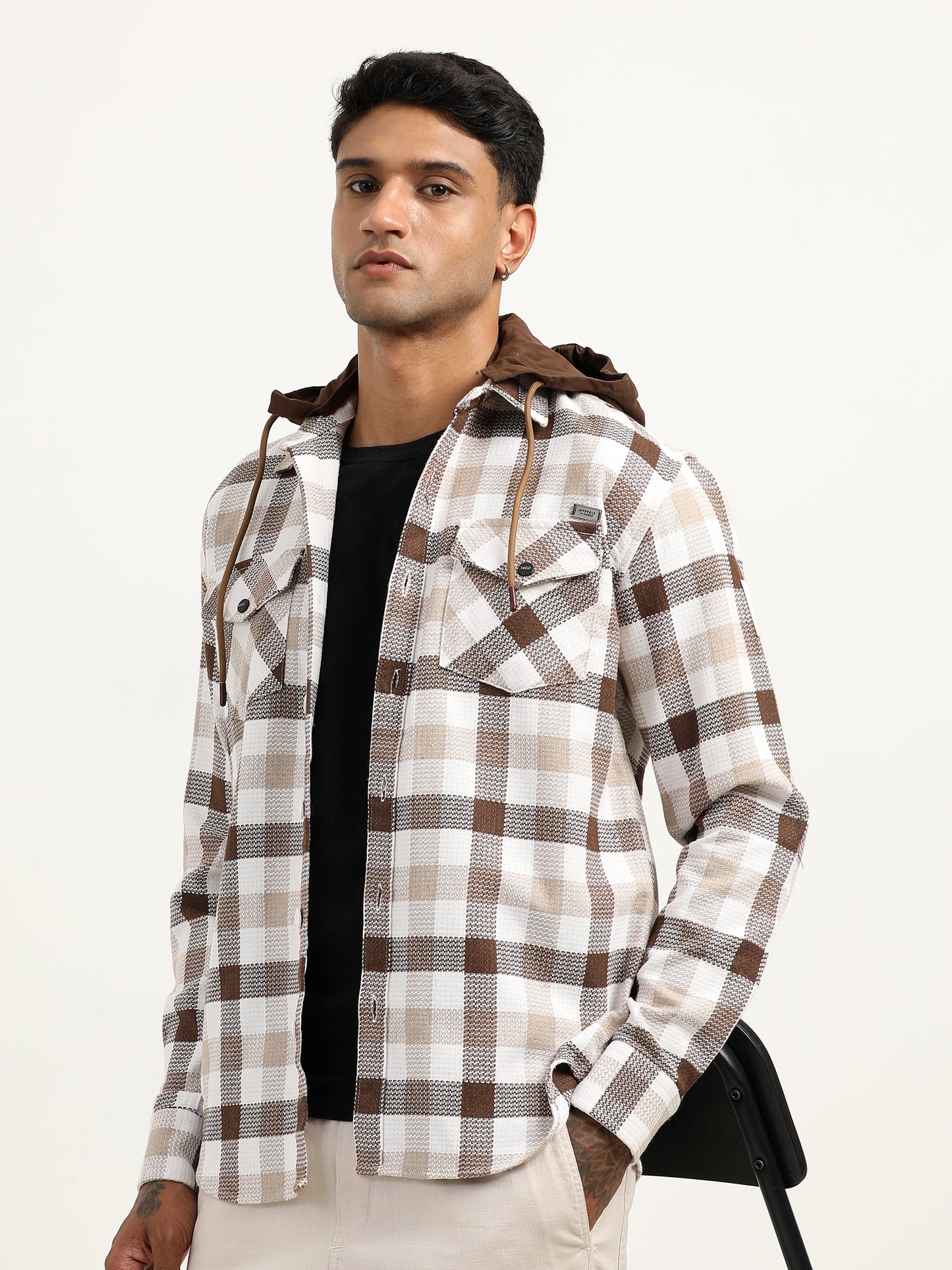 Brushed Twill Check Hooded Brown Shacket For Men