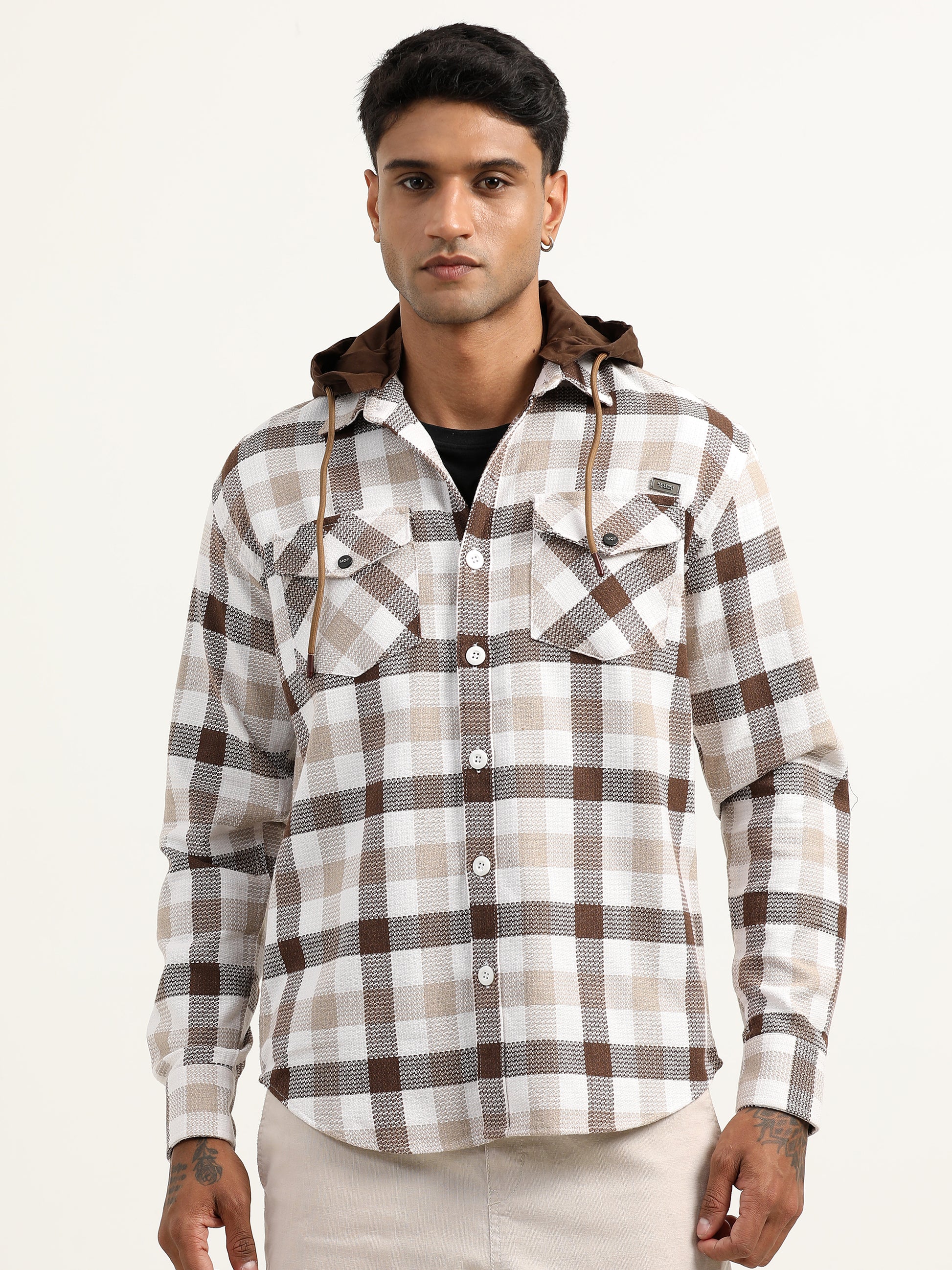 Brushed Twill Check Hooded Brown Shacket For Men