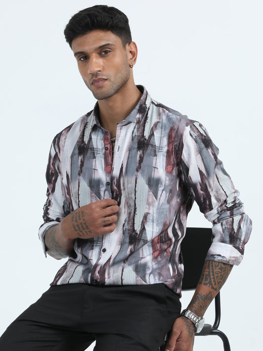 Poly Digital Maroon Printed Shirt Men