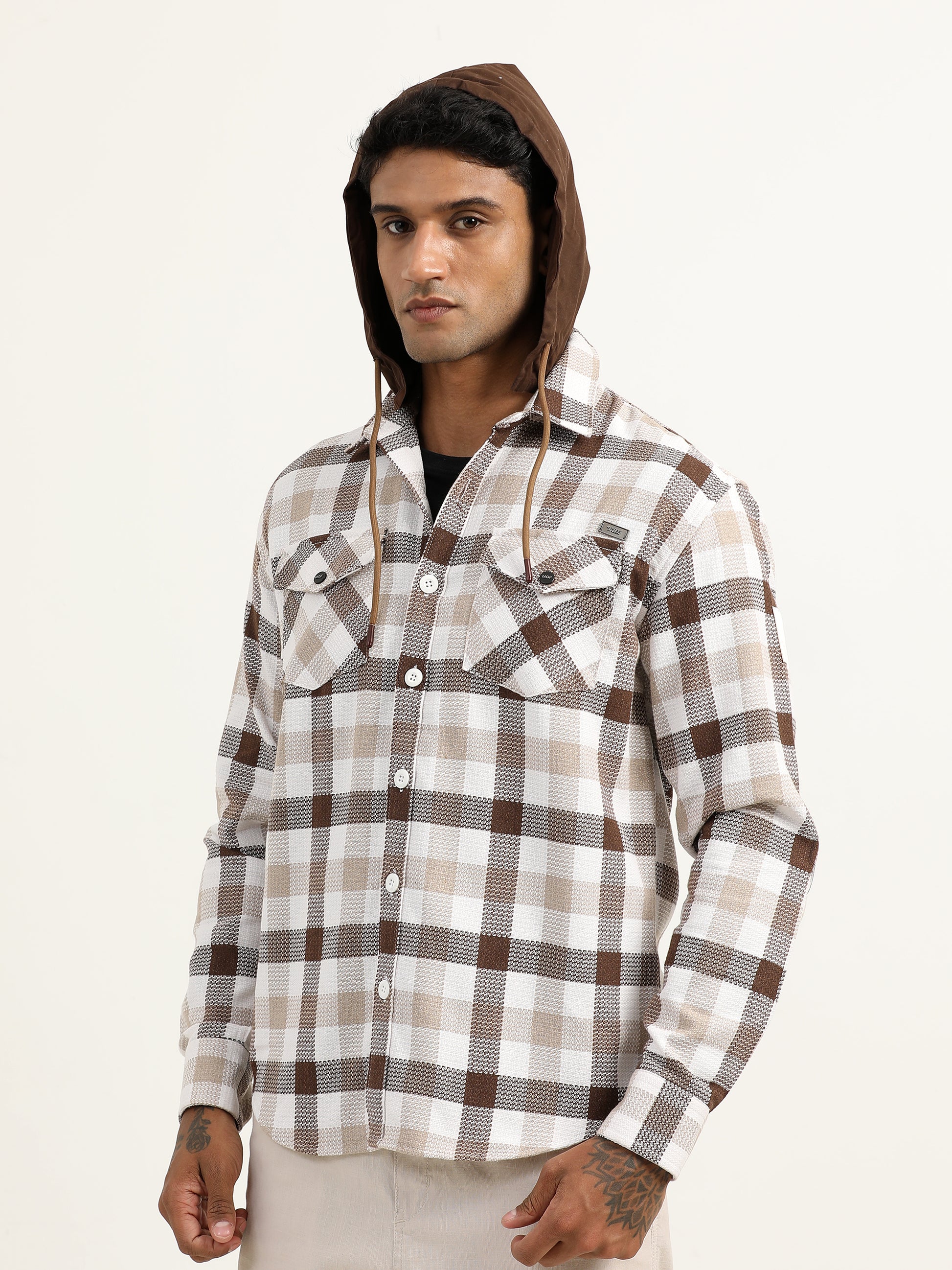 Brushed Twill Check Hooded Brown Shacket For Men