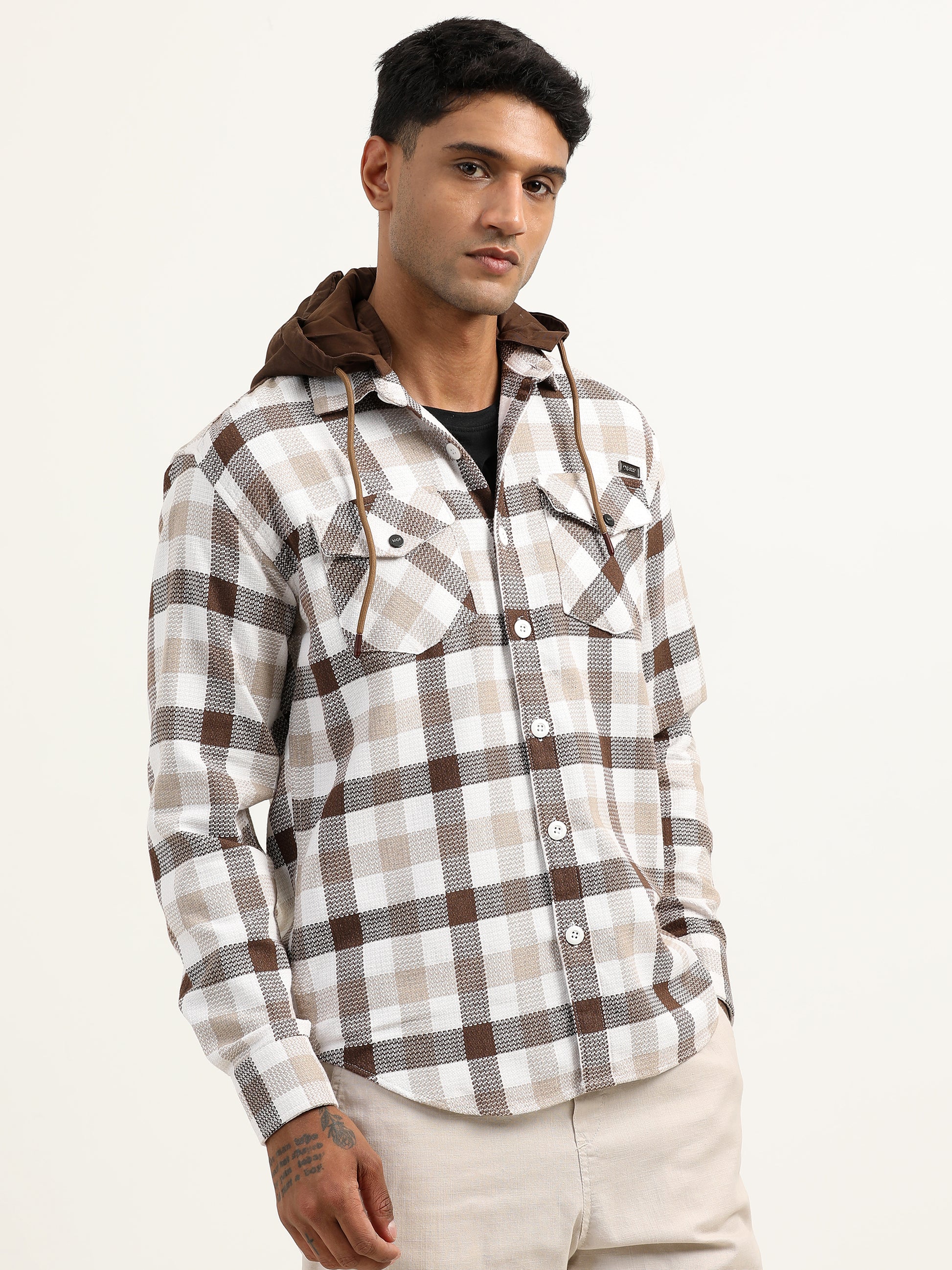 Brushed Twill Check Hooded Brown Shacket For Men