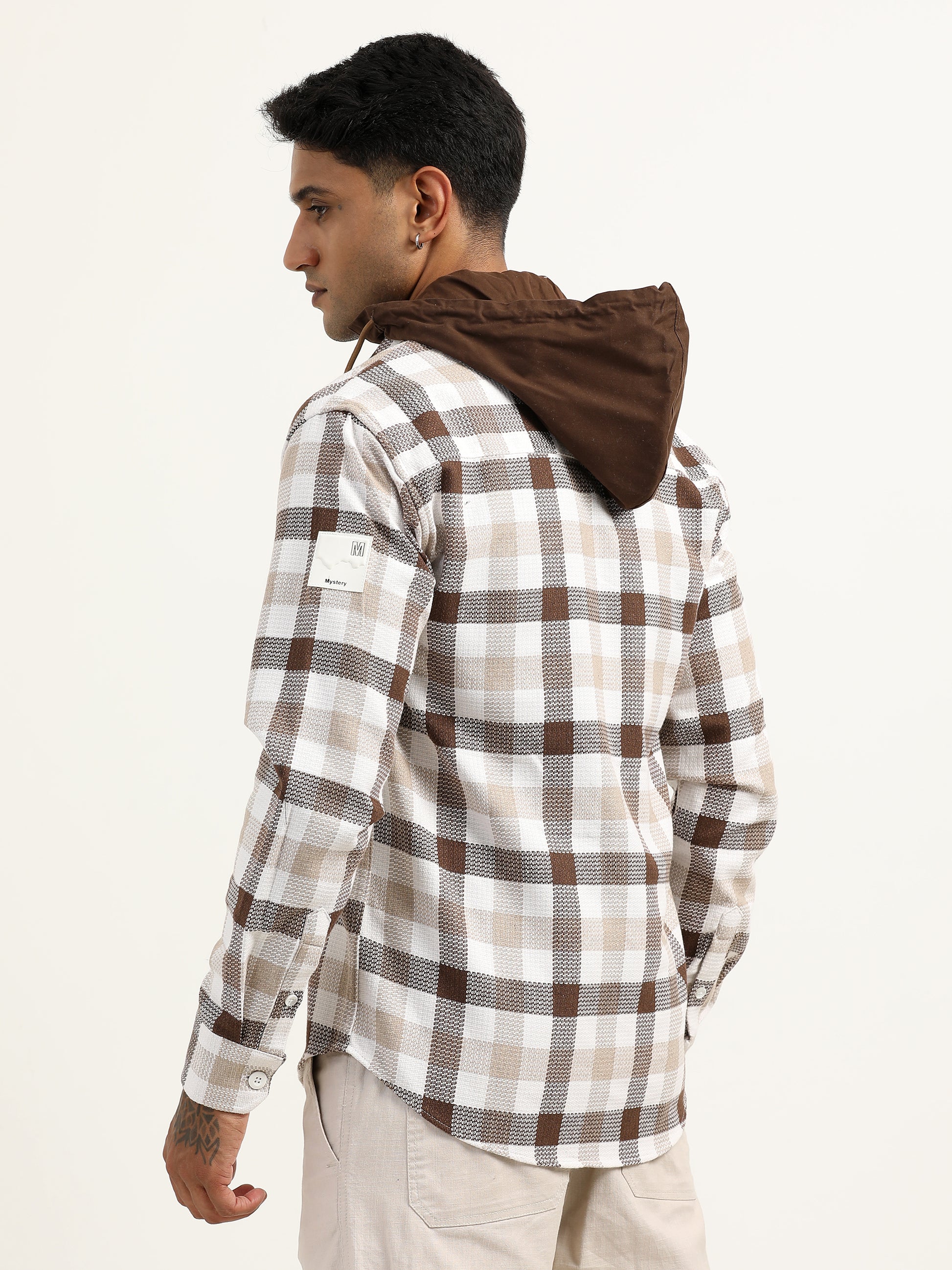 Brushed Twill Check Hooded Brown Shacket For Men