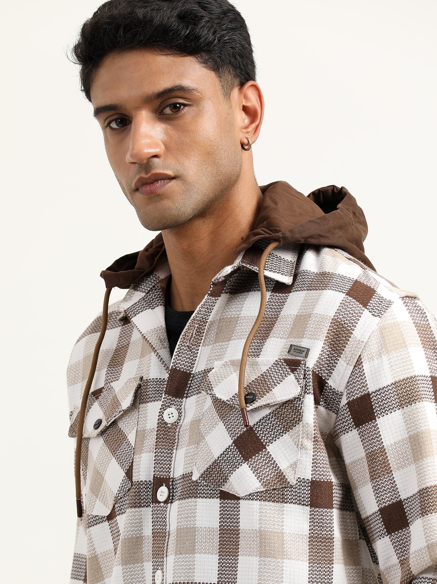 Brushed Twill Check Hooded Brown Shacket For Men