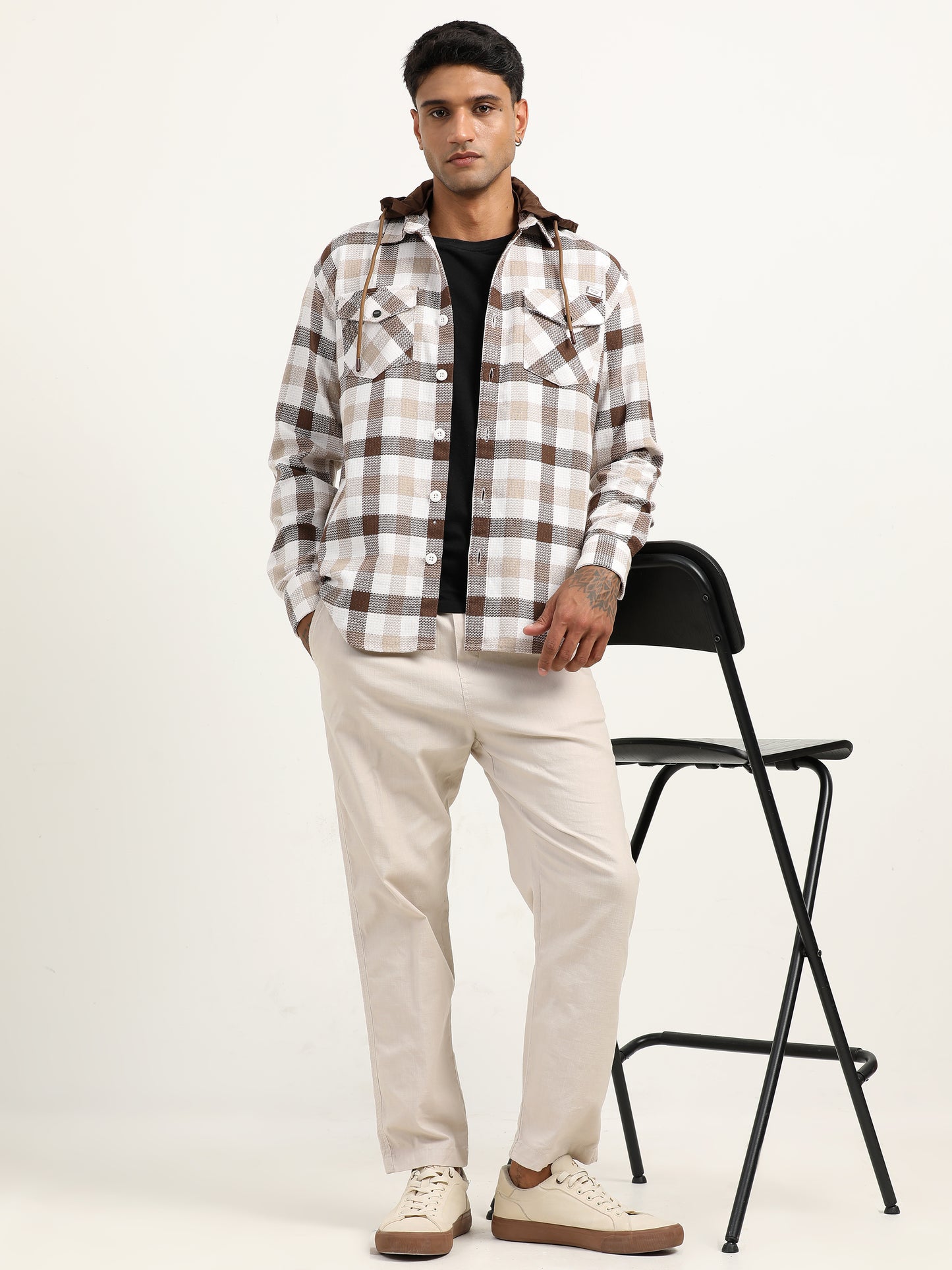 Brushed Twill Check Hooded Brown Shacket For Men