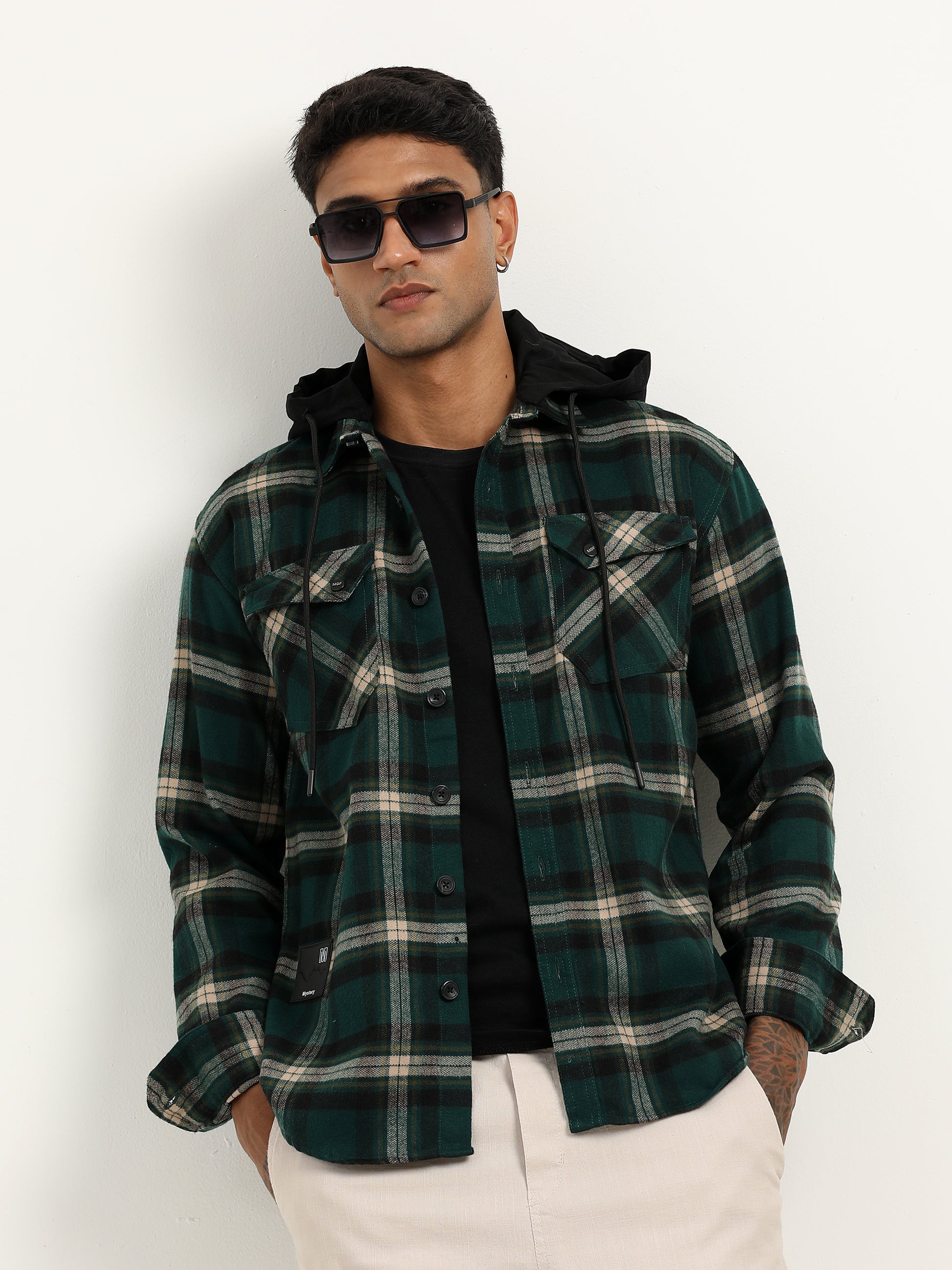 Brushed Twill Hooded Green Plaid Shacket For Men