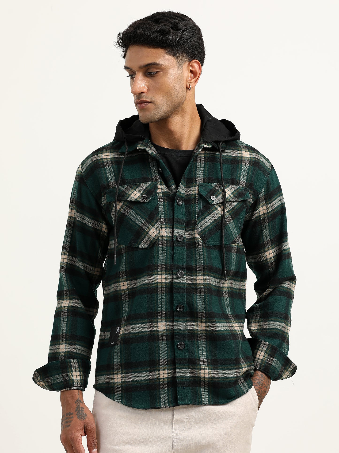 Brushed Twill Hooded Green Plaid Shacket For Men