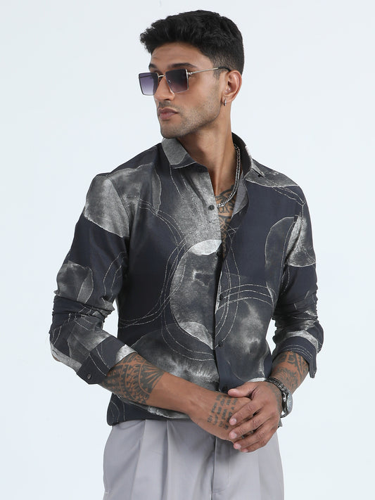 Nylon Digital Mens Black Printed Shirt