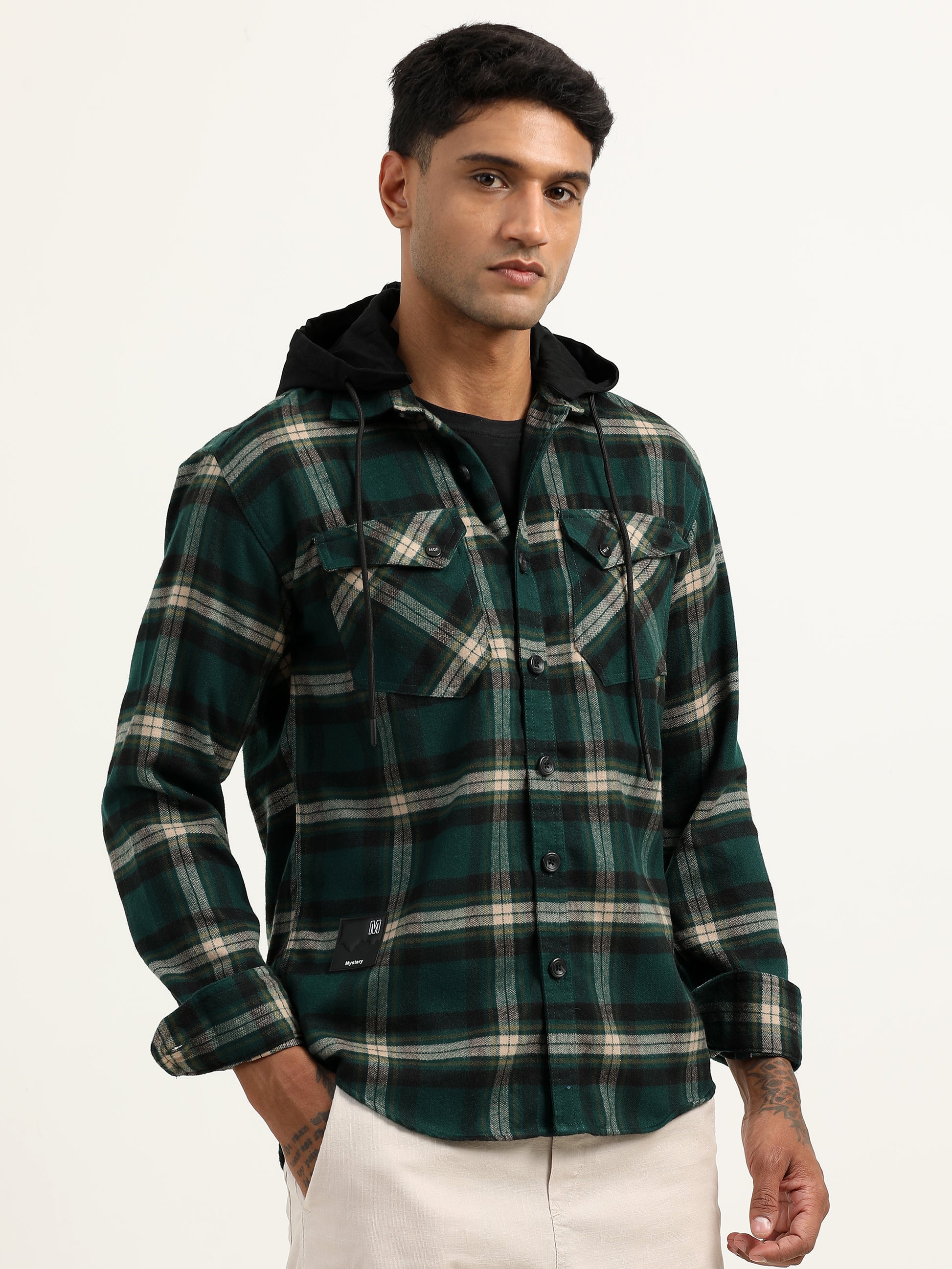 Brushed Twill Hooded Green Plaid Shacket For Men