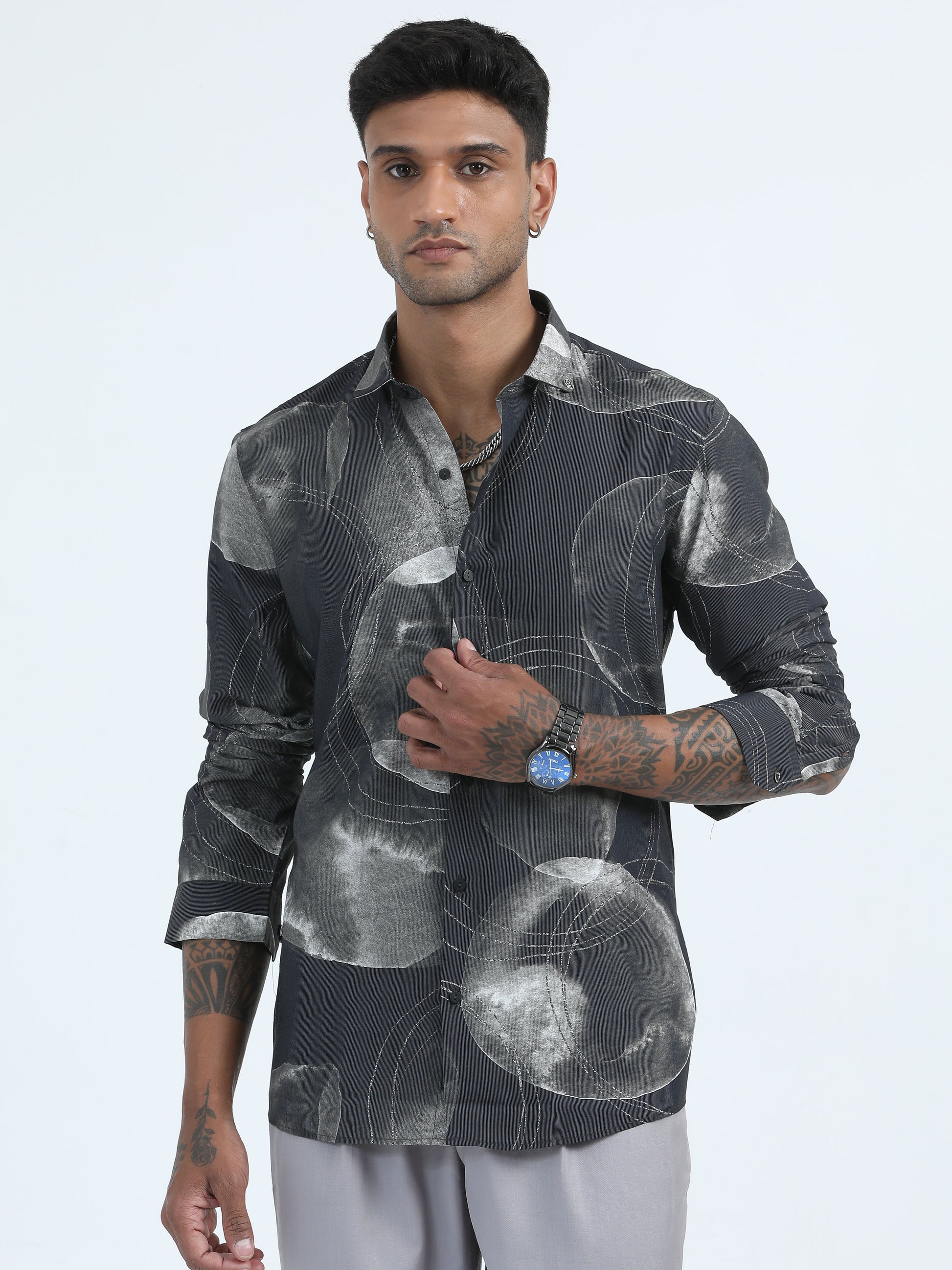 Nylon Digital Mens Black Printed Shirt