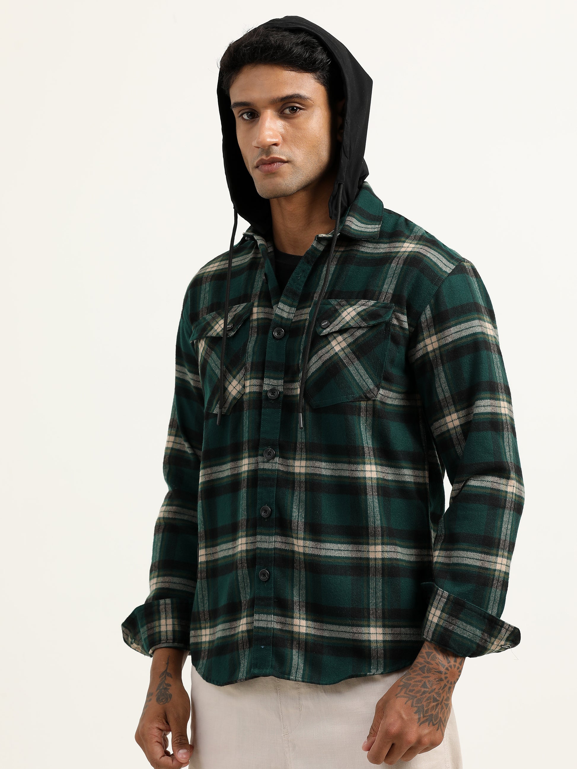 Brushed Twill Hooded Green Plaid Shacket For Men