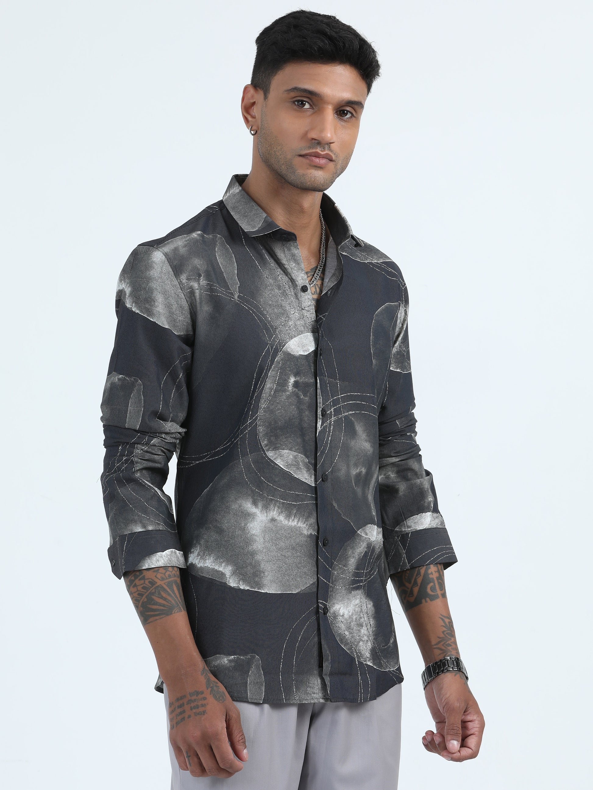 Nylon Digital Mens Black Printed Shirt