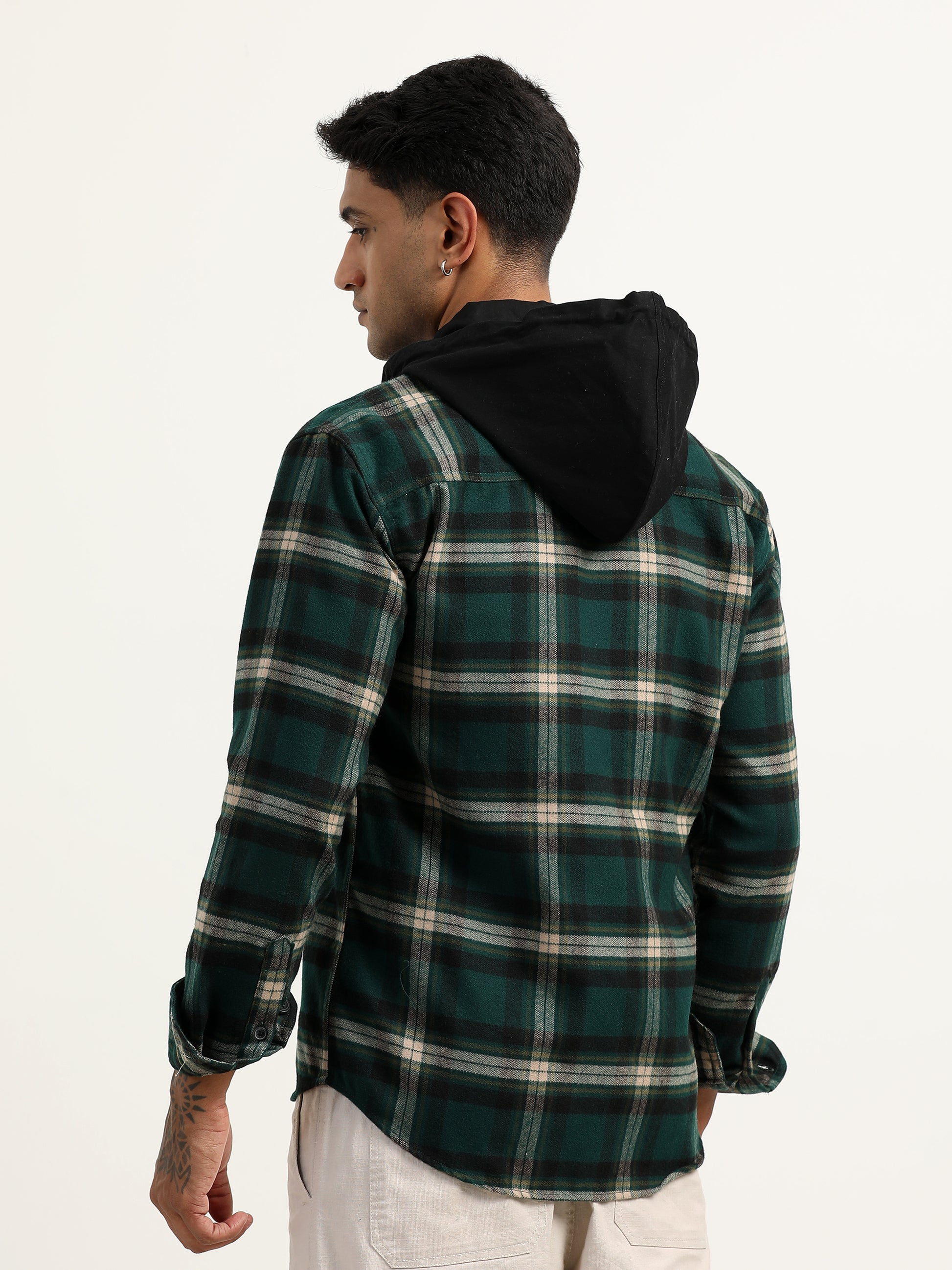 Brushed Twill Hooded Green Plaid Shacket For Men