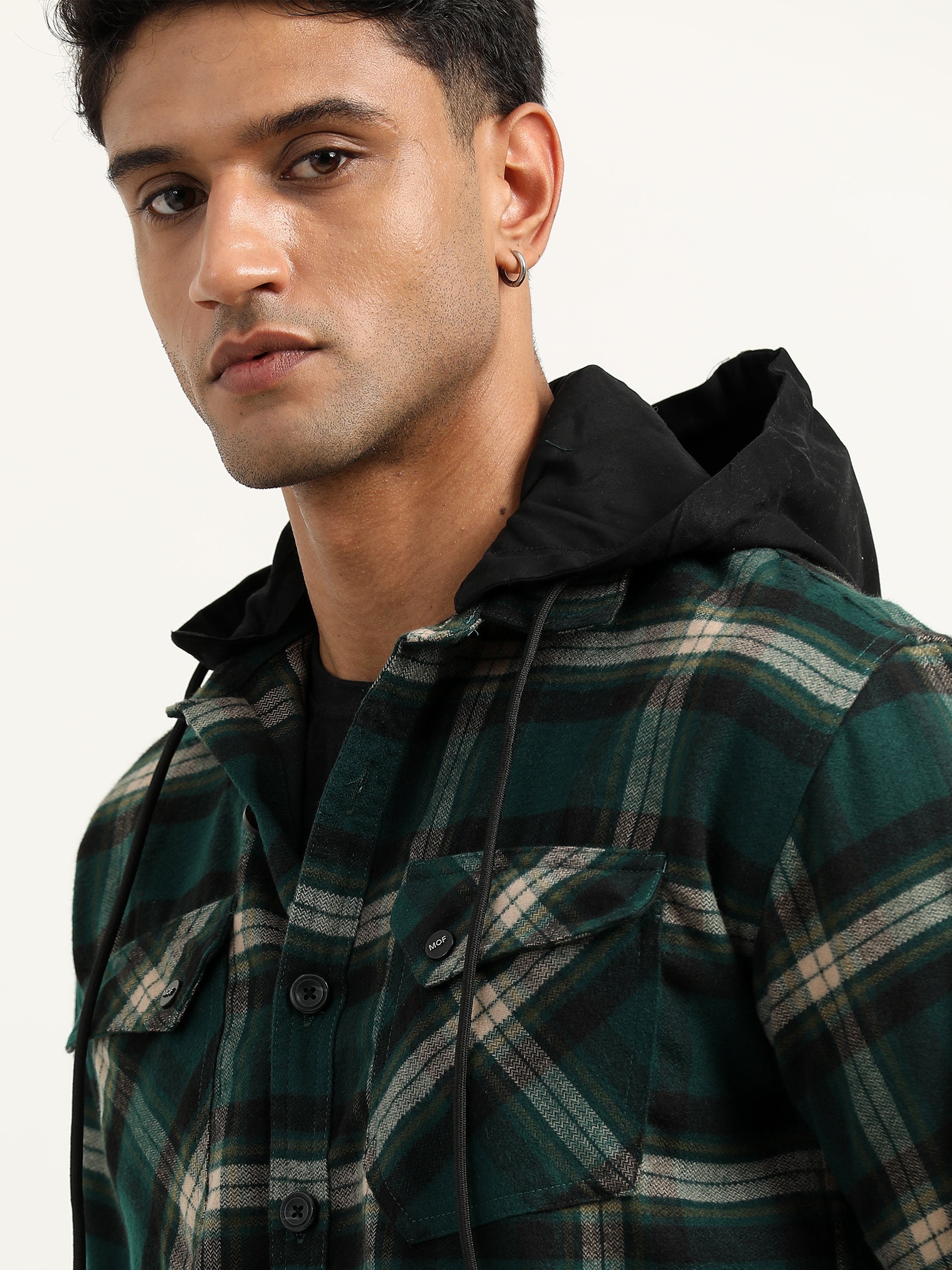 Brushed Twill Hooded Green Plaid Shacket For Men