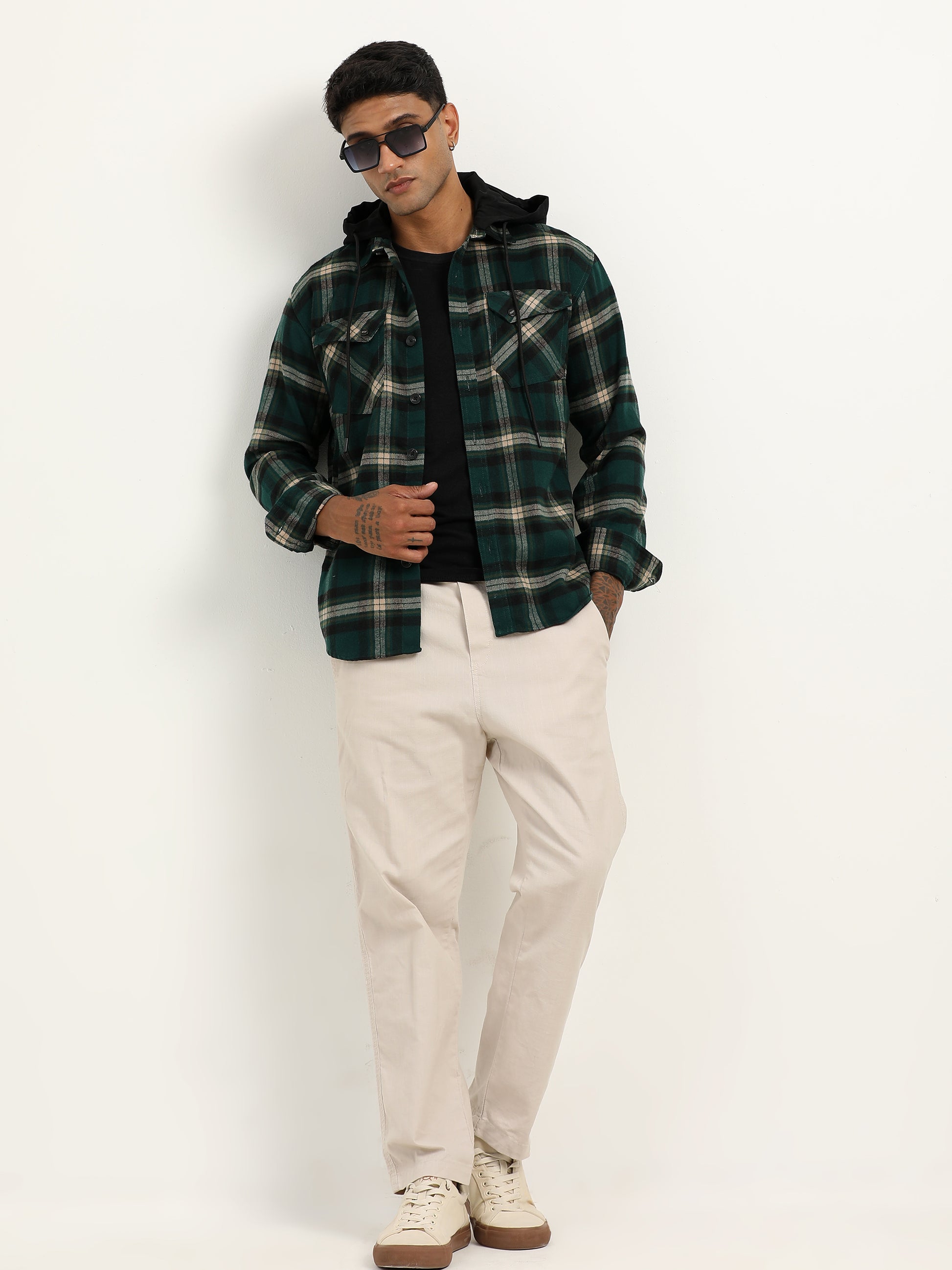 Brushed Twill Hooded Green Plaid Shacket For Men