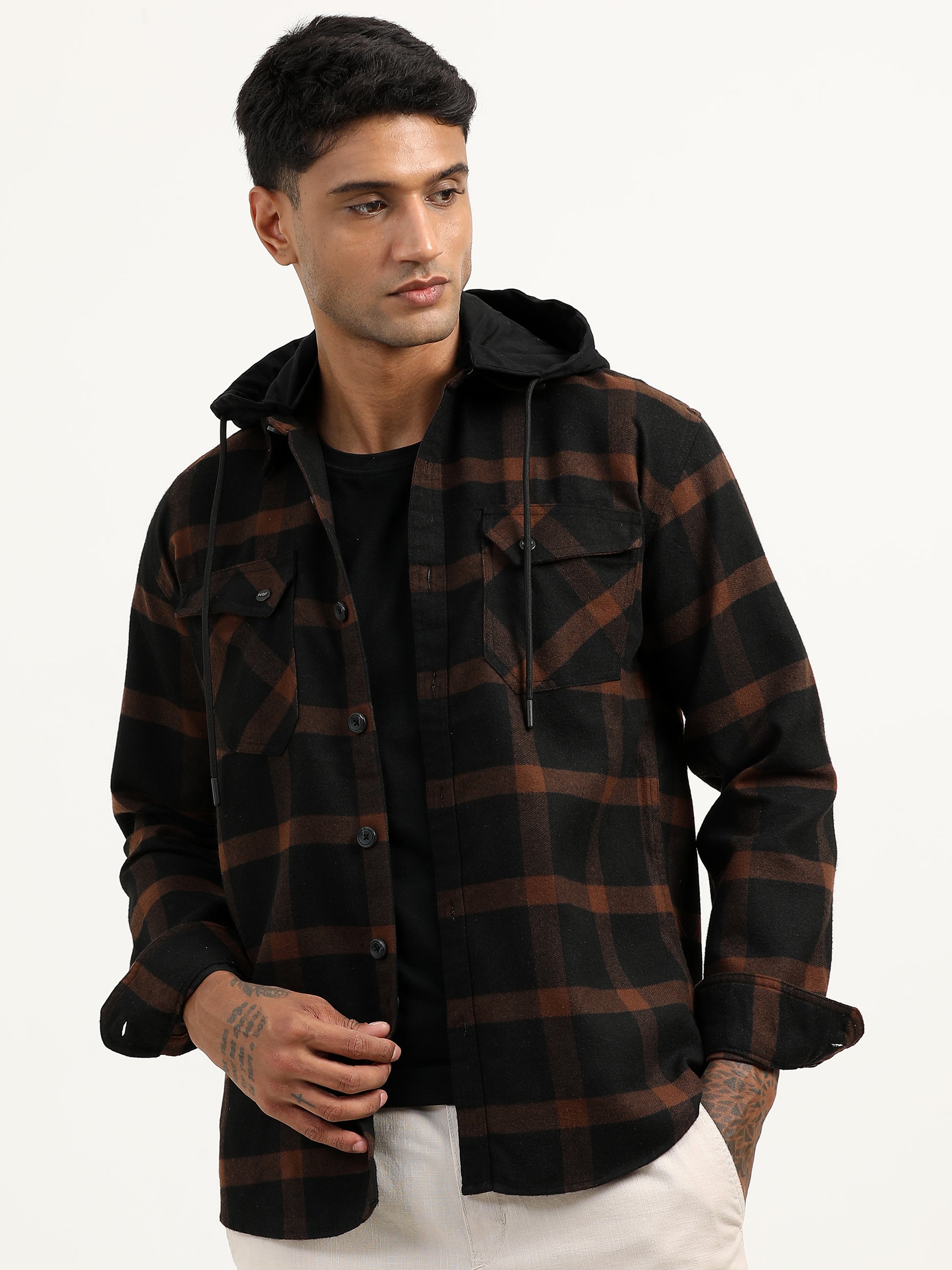  Brushed Twill Checked Hooded Brown Shacket For Men