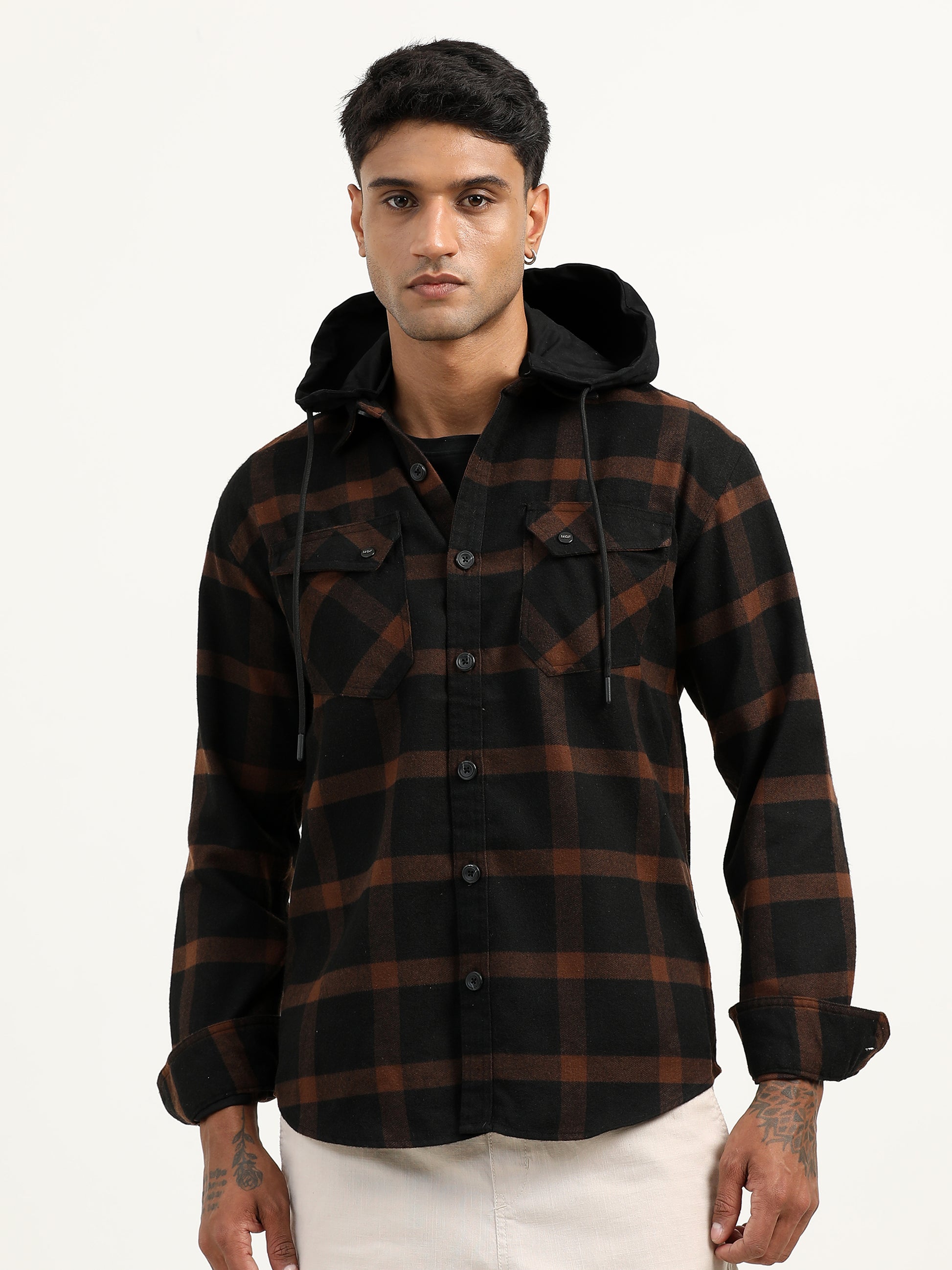  Brushed Twill Checked Hooded Brown Shacket For Men