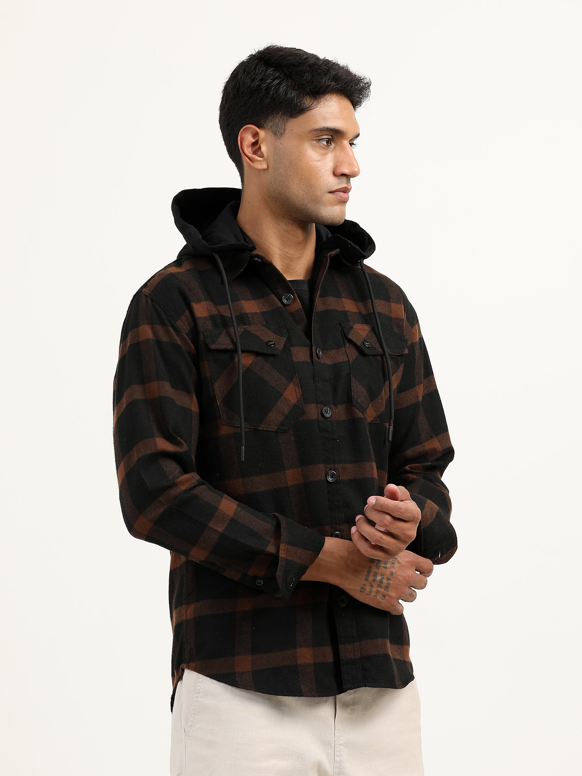  Brushed Twill Checked Hooded Brown Shacket For Men