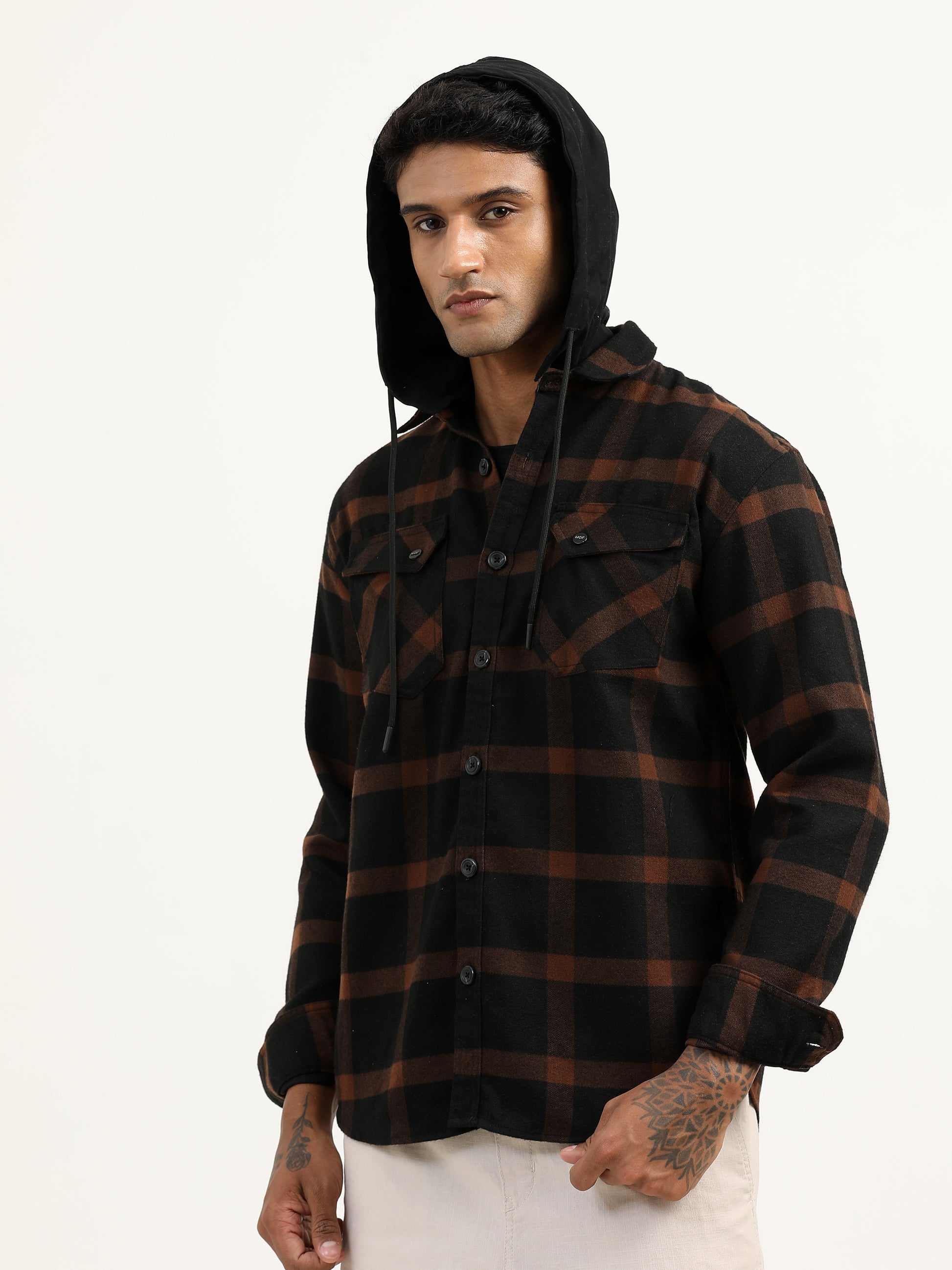  Brushed Twill Checked Hooded Brown Shacket For Men