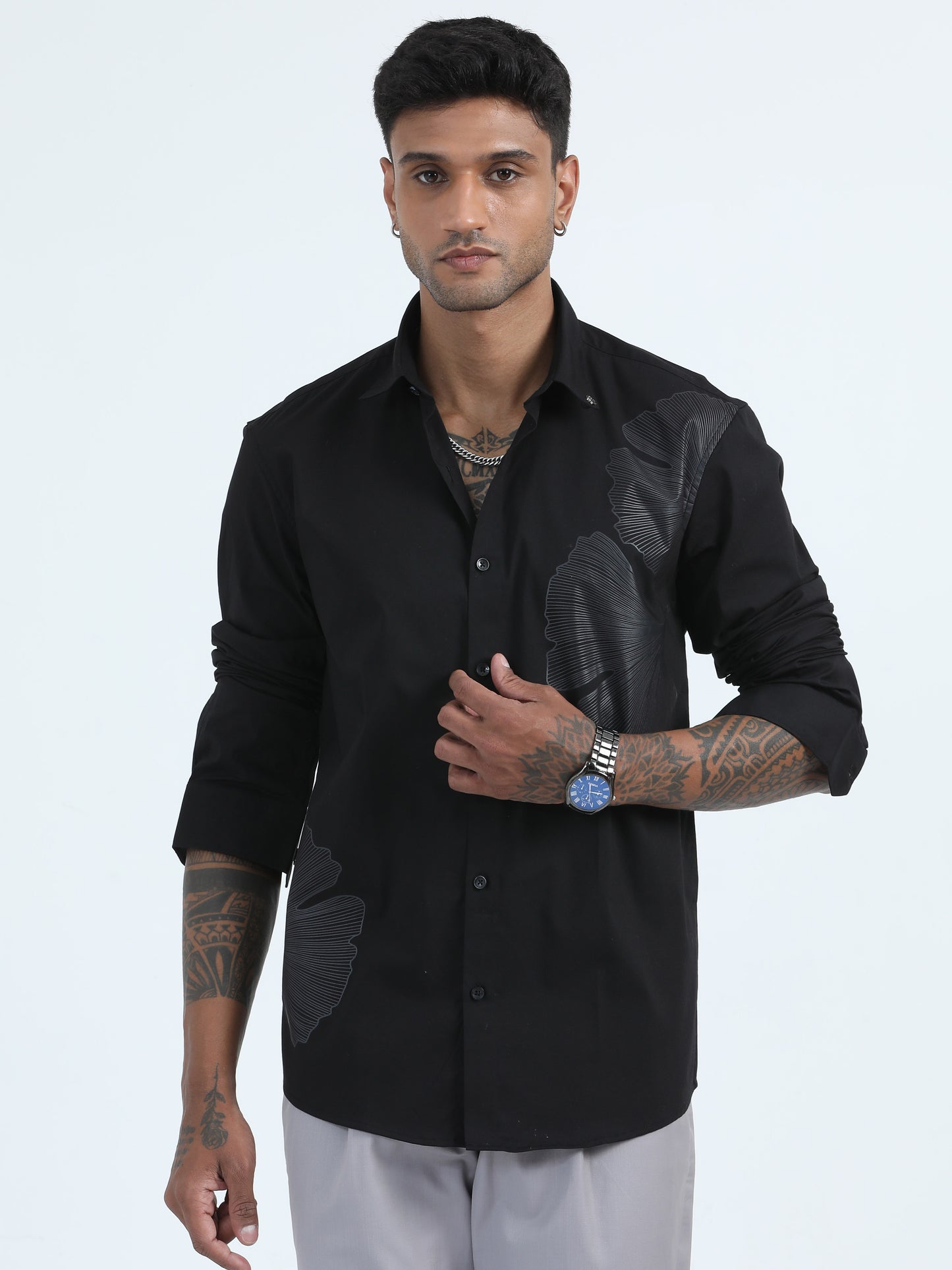 Cotton Black Floral Shirt For Men 