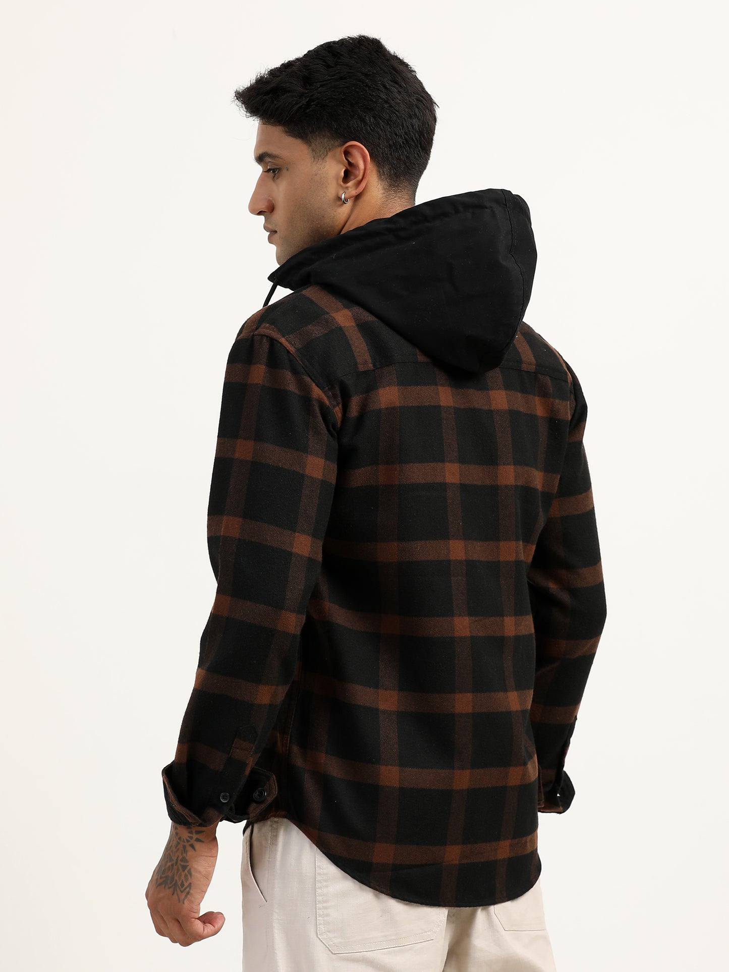  Brushed Twill Checked Hooded Brown Shacket For Men