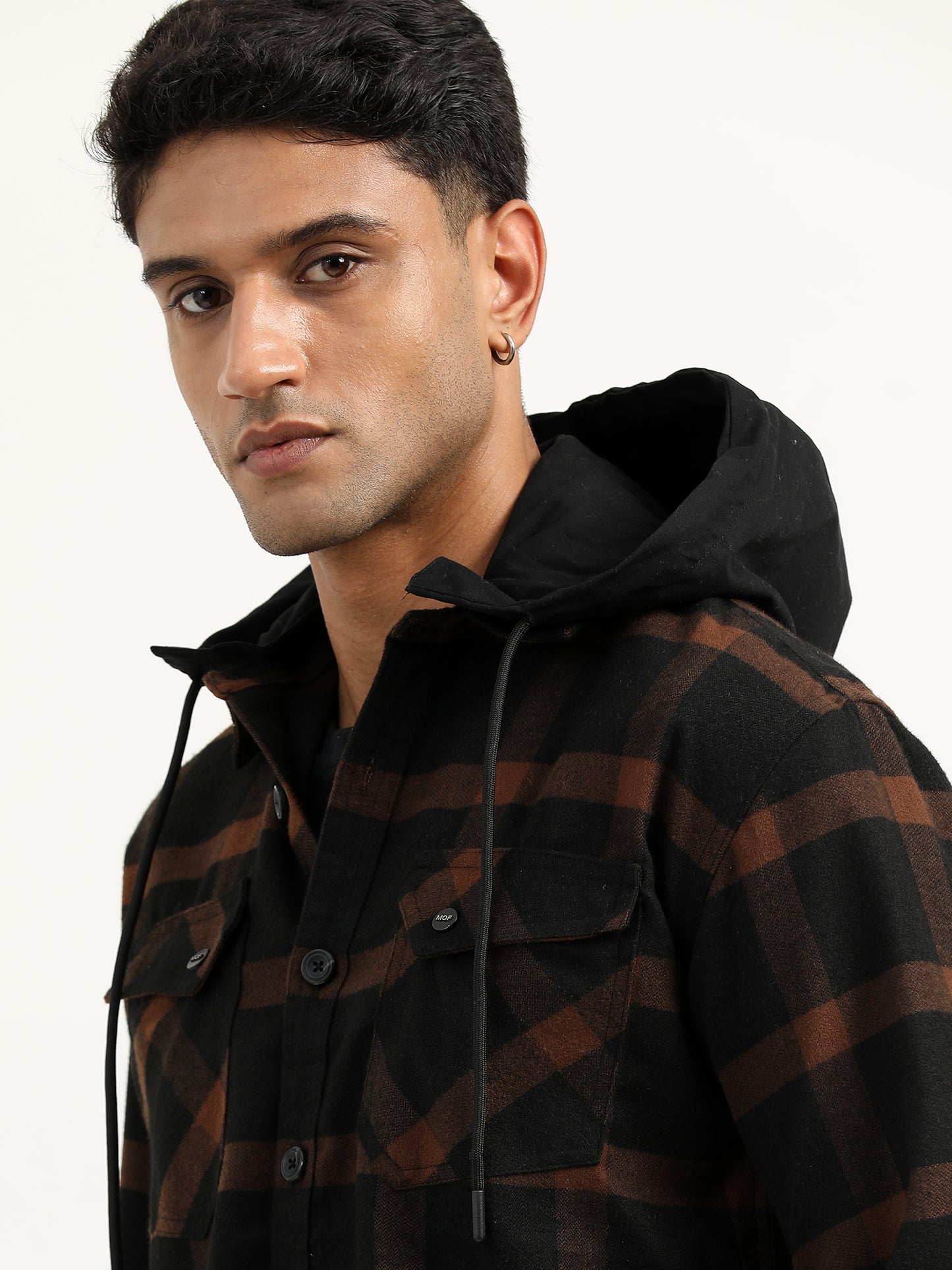  Brushed Twill Checked Hooded Brown Shacket For Men