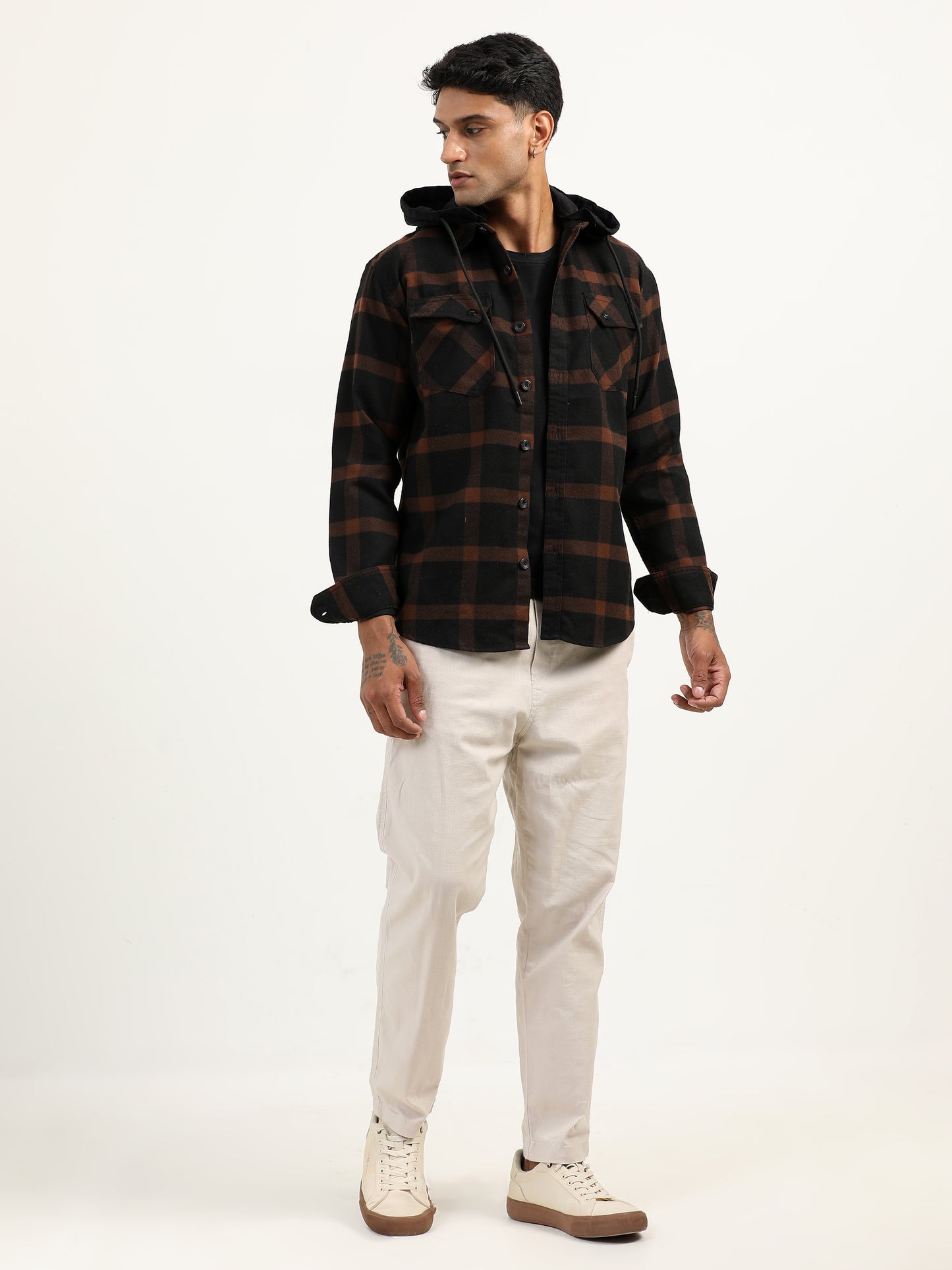  Brushed Twill Checked Hooded Brown Shacket For Men