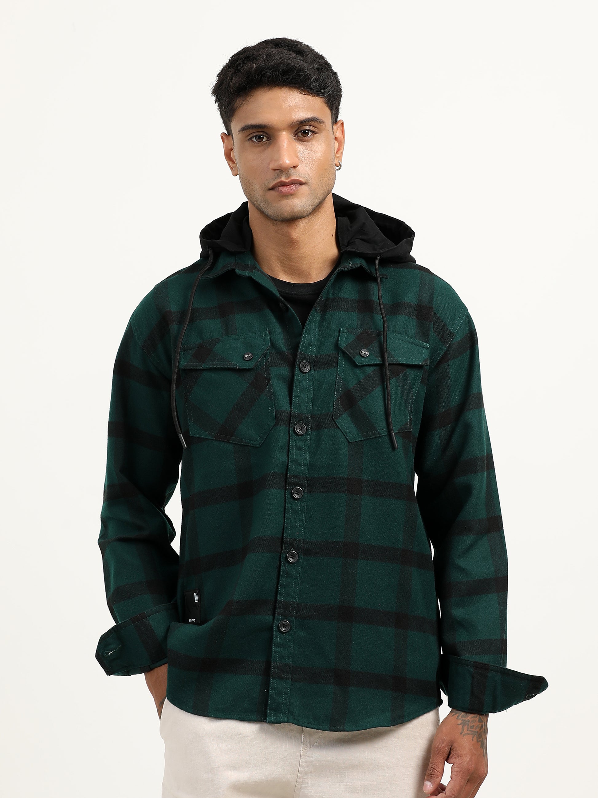  Brushed Twill Hooded Checked Green Shacket For Men