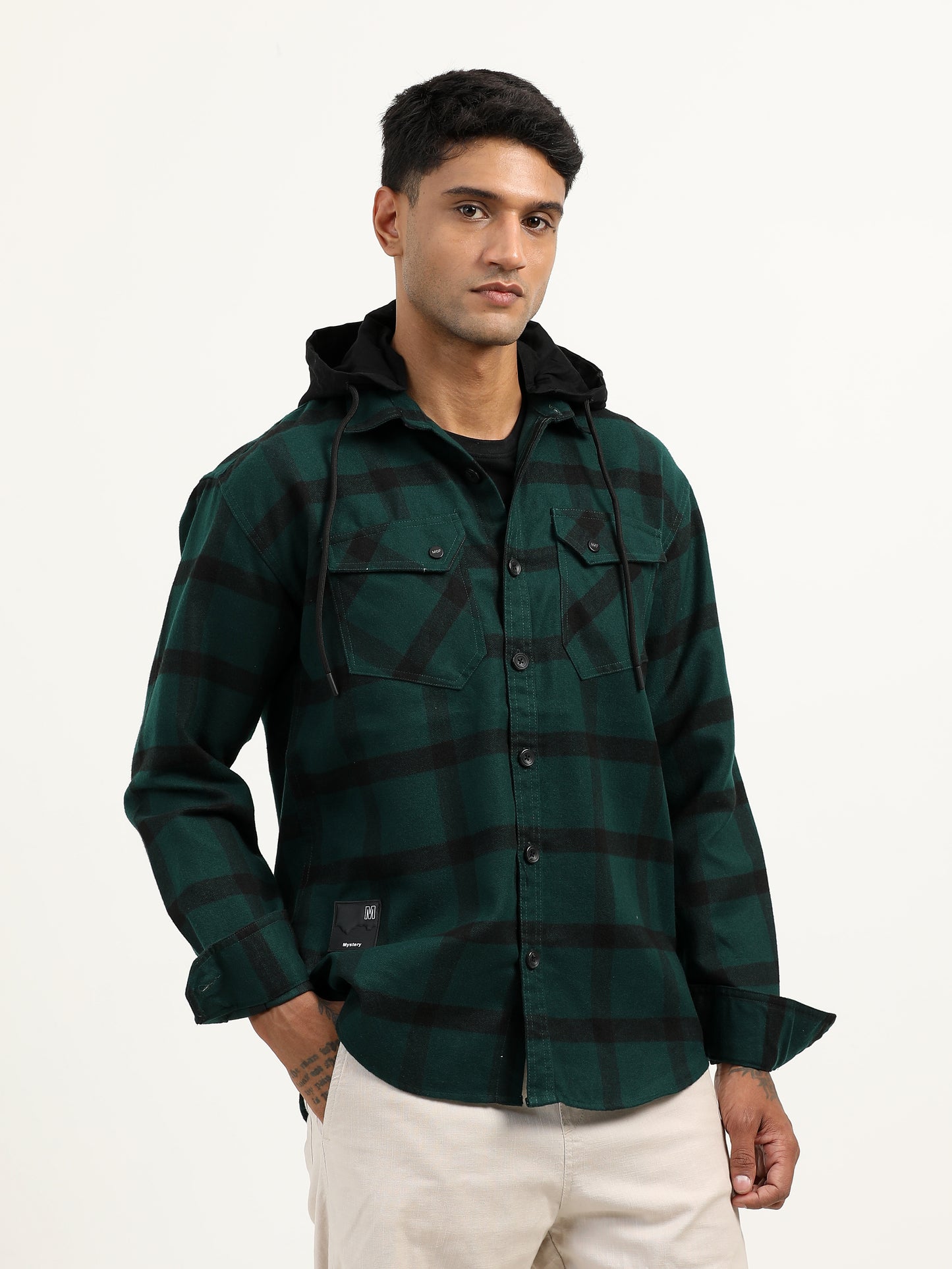  Brushed Twill Hooded Checked Green Shacket For Men