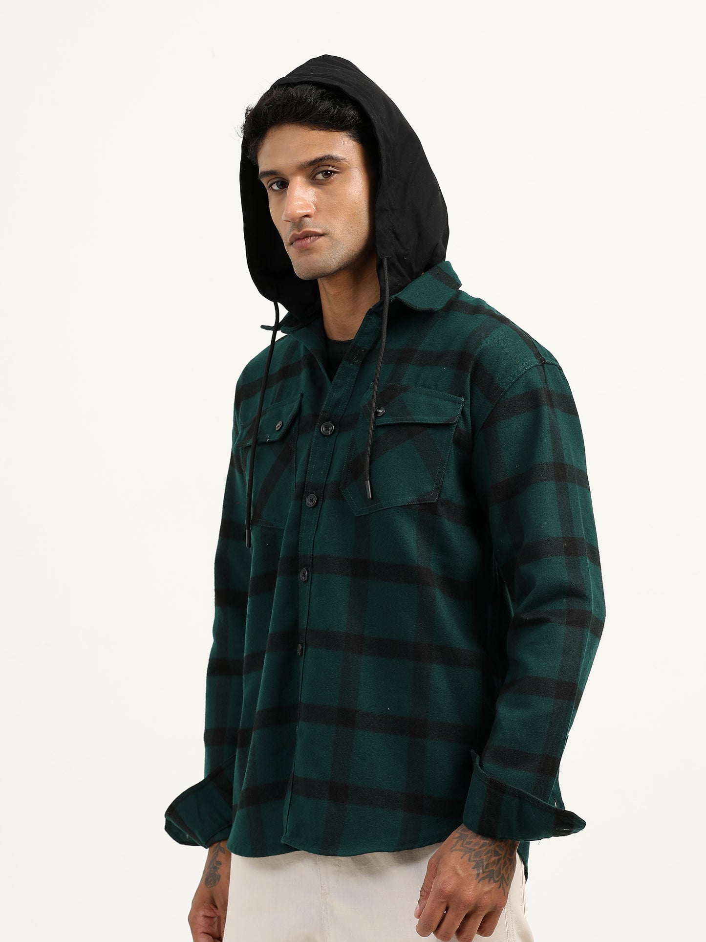  Brushed Twill Hooded Checked Green Shacket For Men