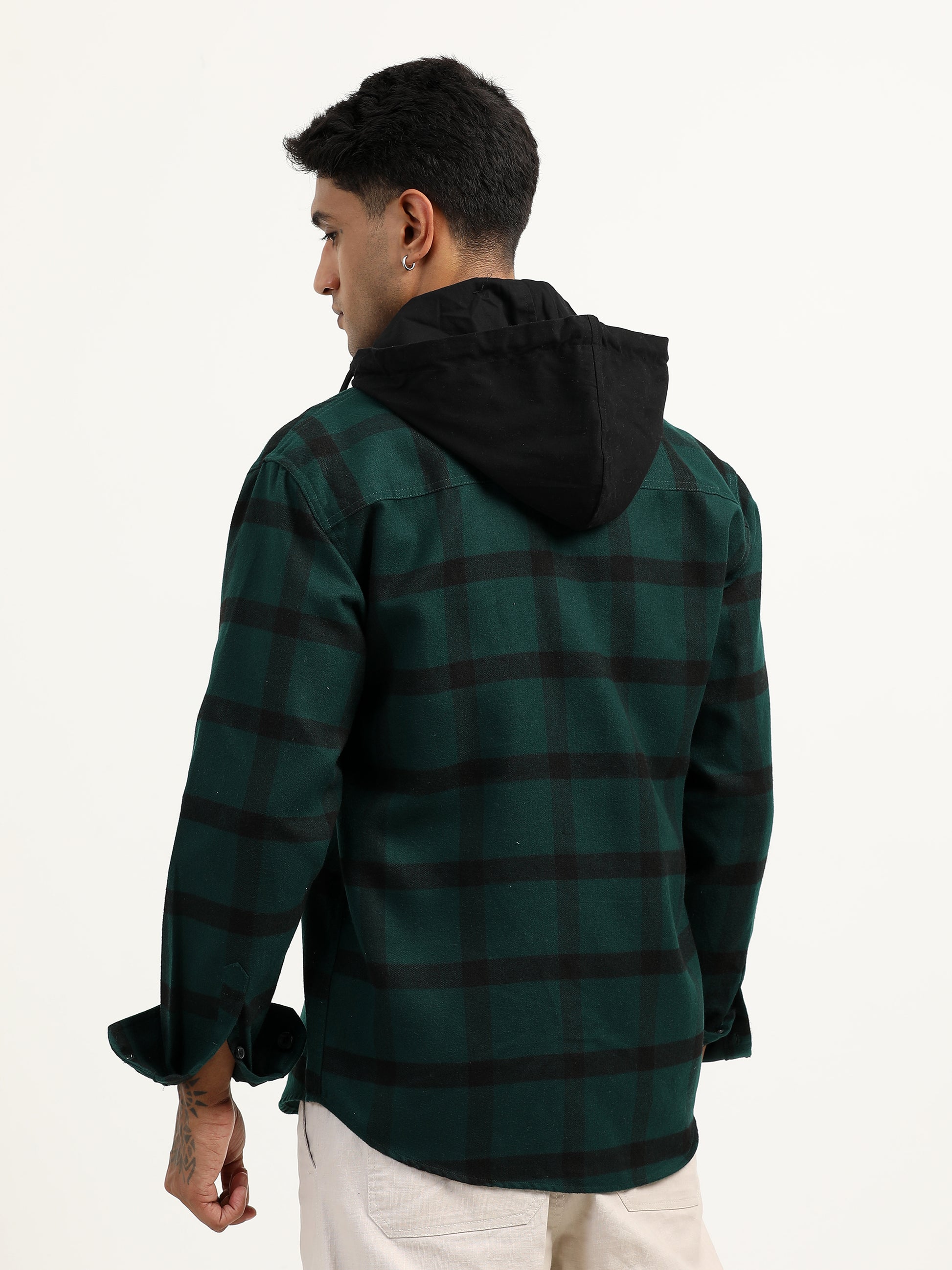  Brushed Twill Hooded Checked Green Shacket For Men