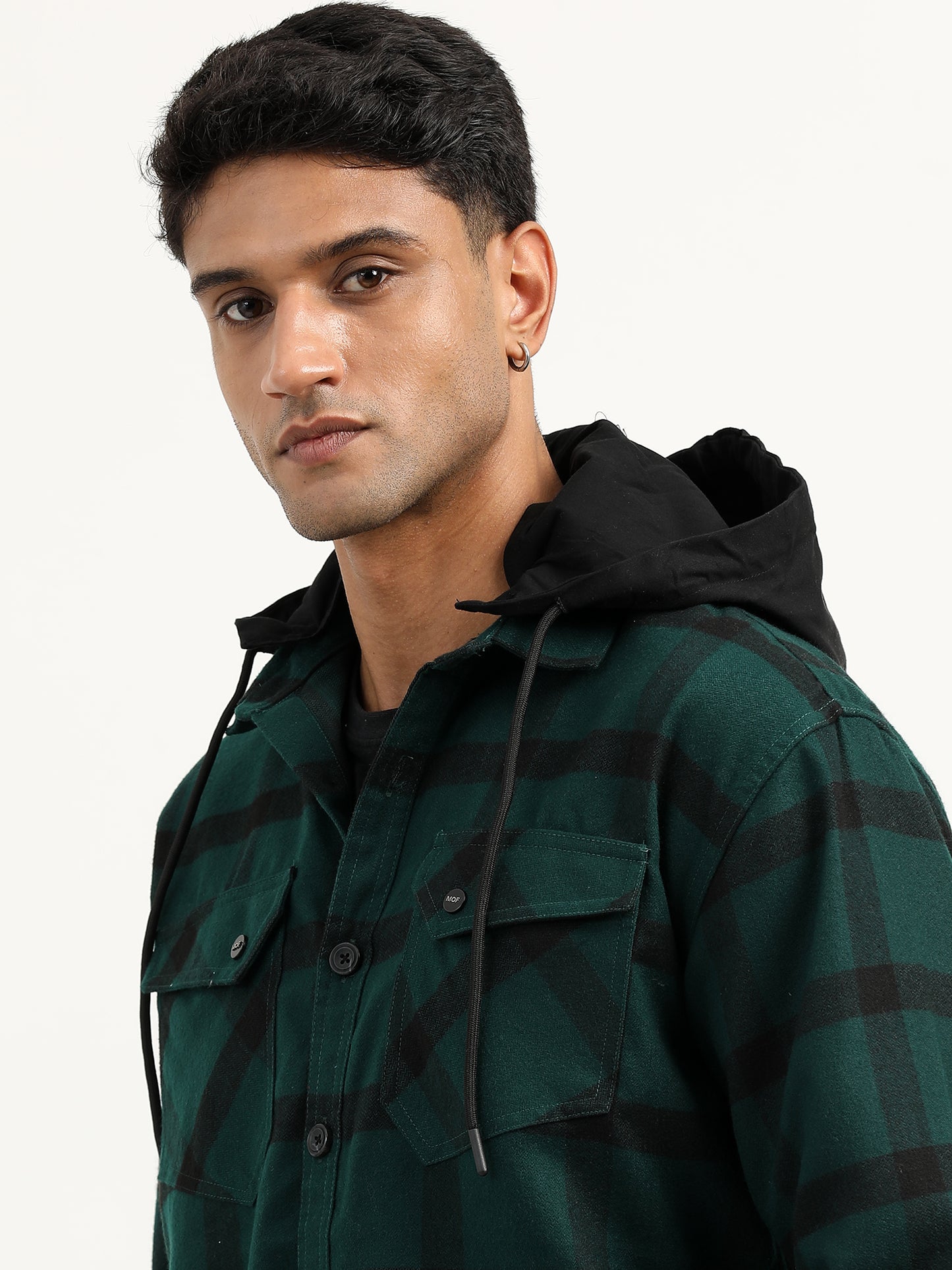  Brushed Twill Hooded Checked Green Shacket For Men